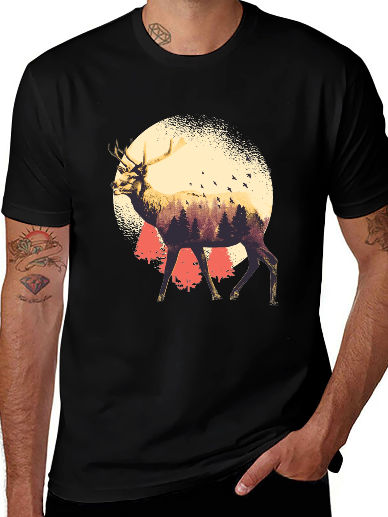 Nature Deer Graphic Tee - Black Short Sleeve