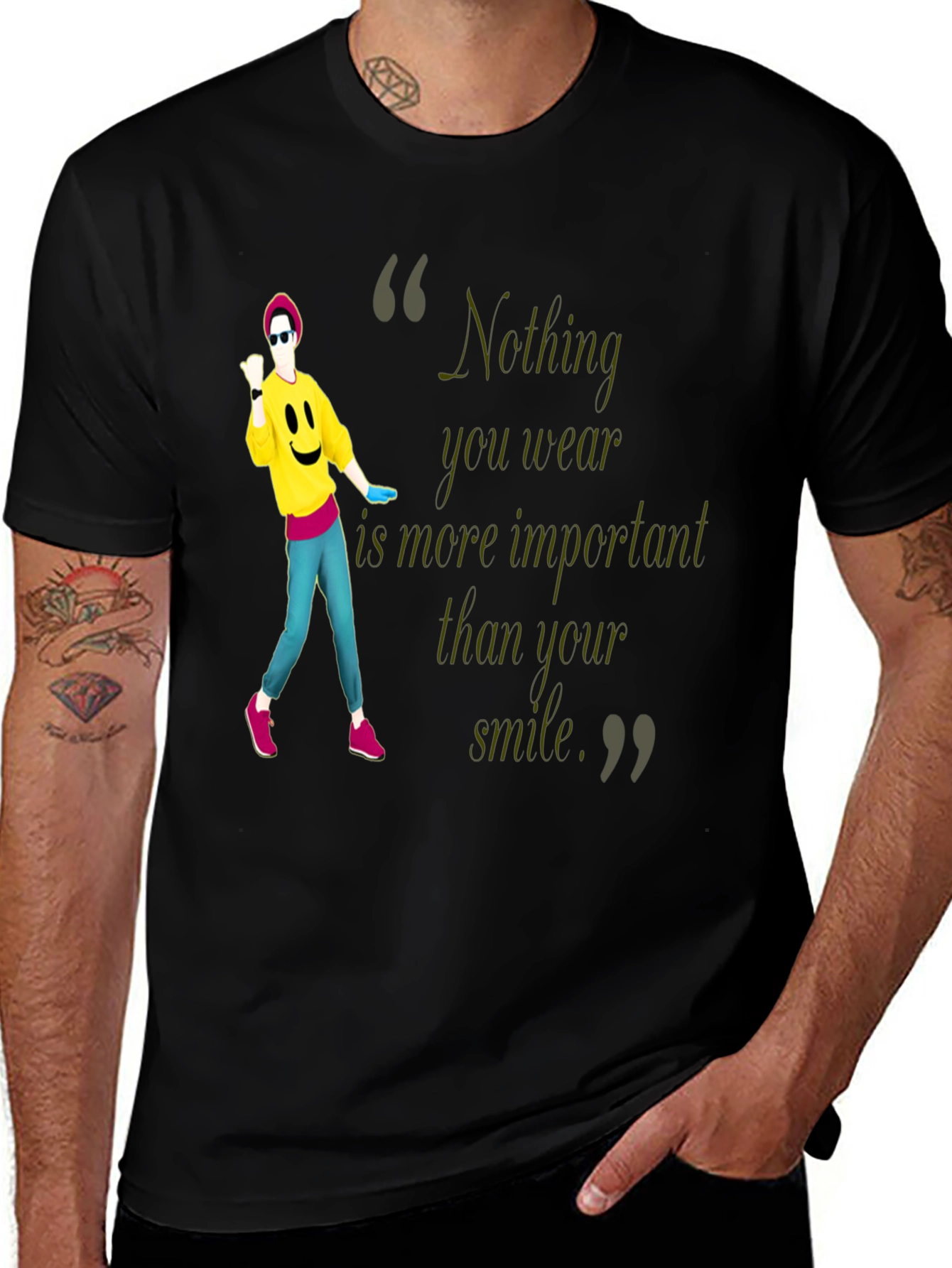 Variant 18 of Stylish Black Tee with 'Smile' Quote & Dancer Graphic