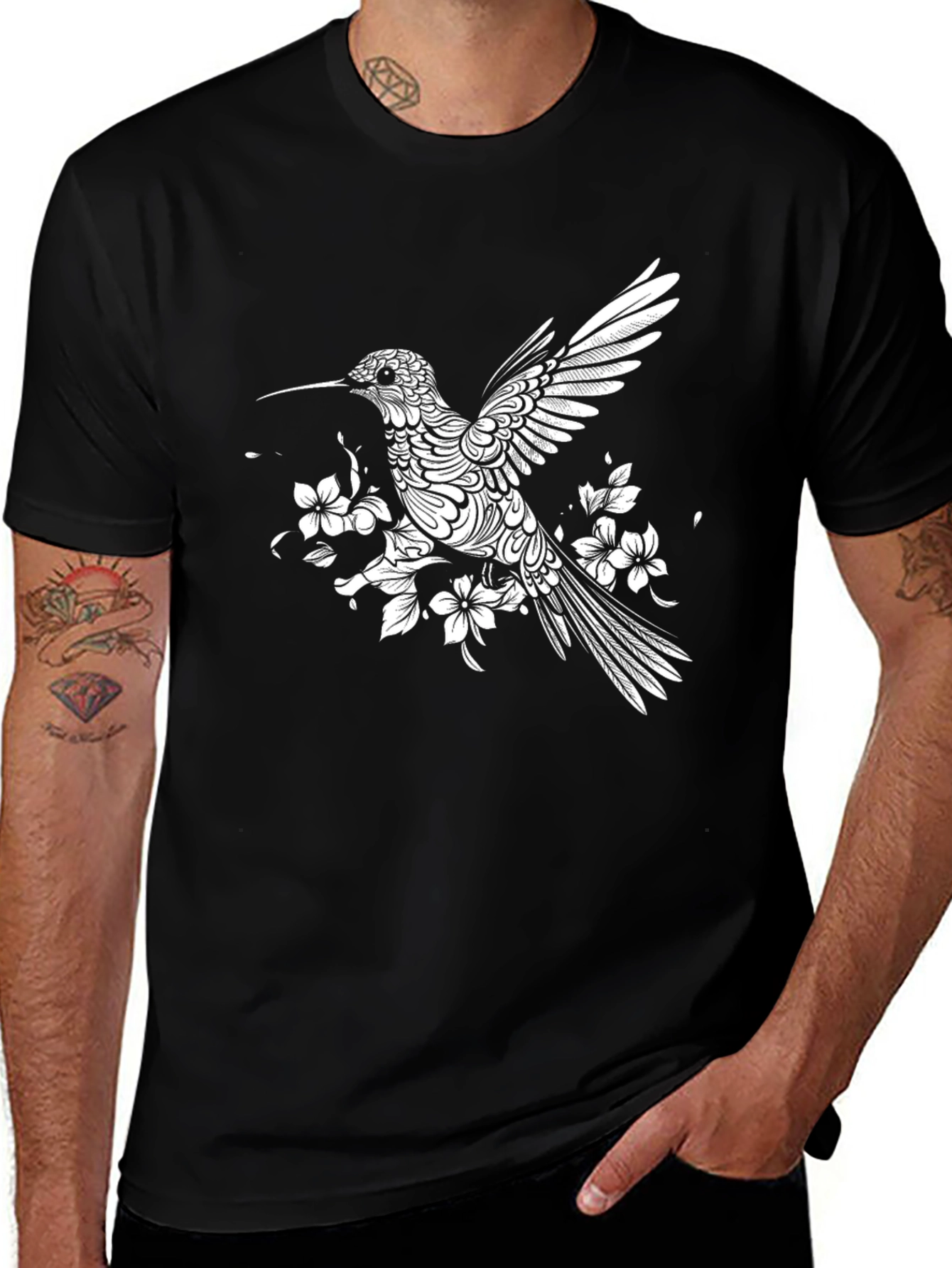 Variant 23 of Hummingbird Floral Print Black T-Shirt