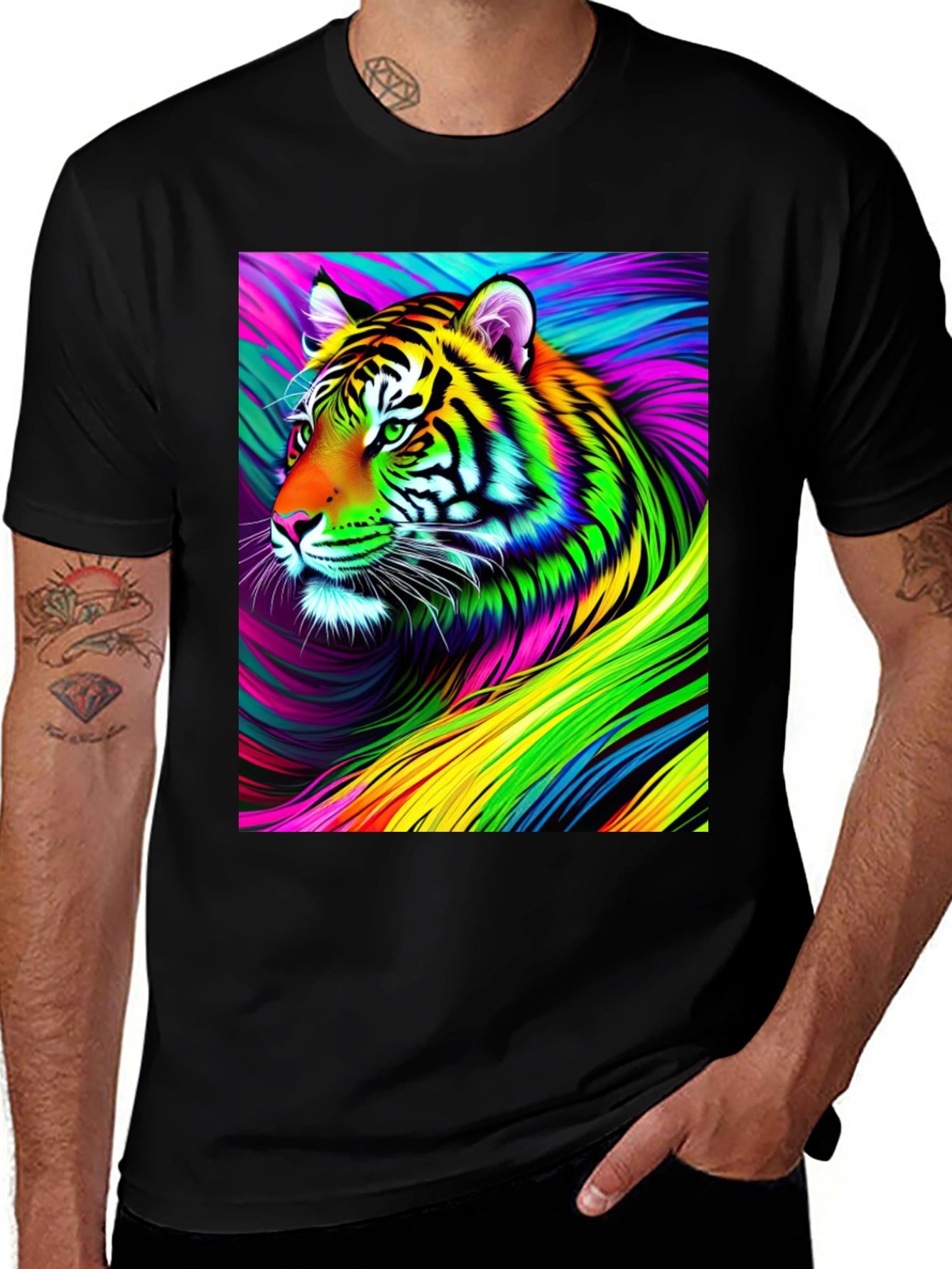 Variant 2 of Vibrant Rainbow Tiger Graphic Tee - Men's Black T-Shirt