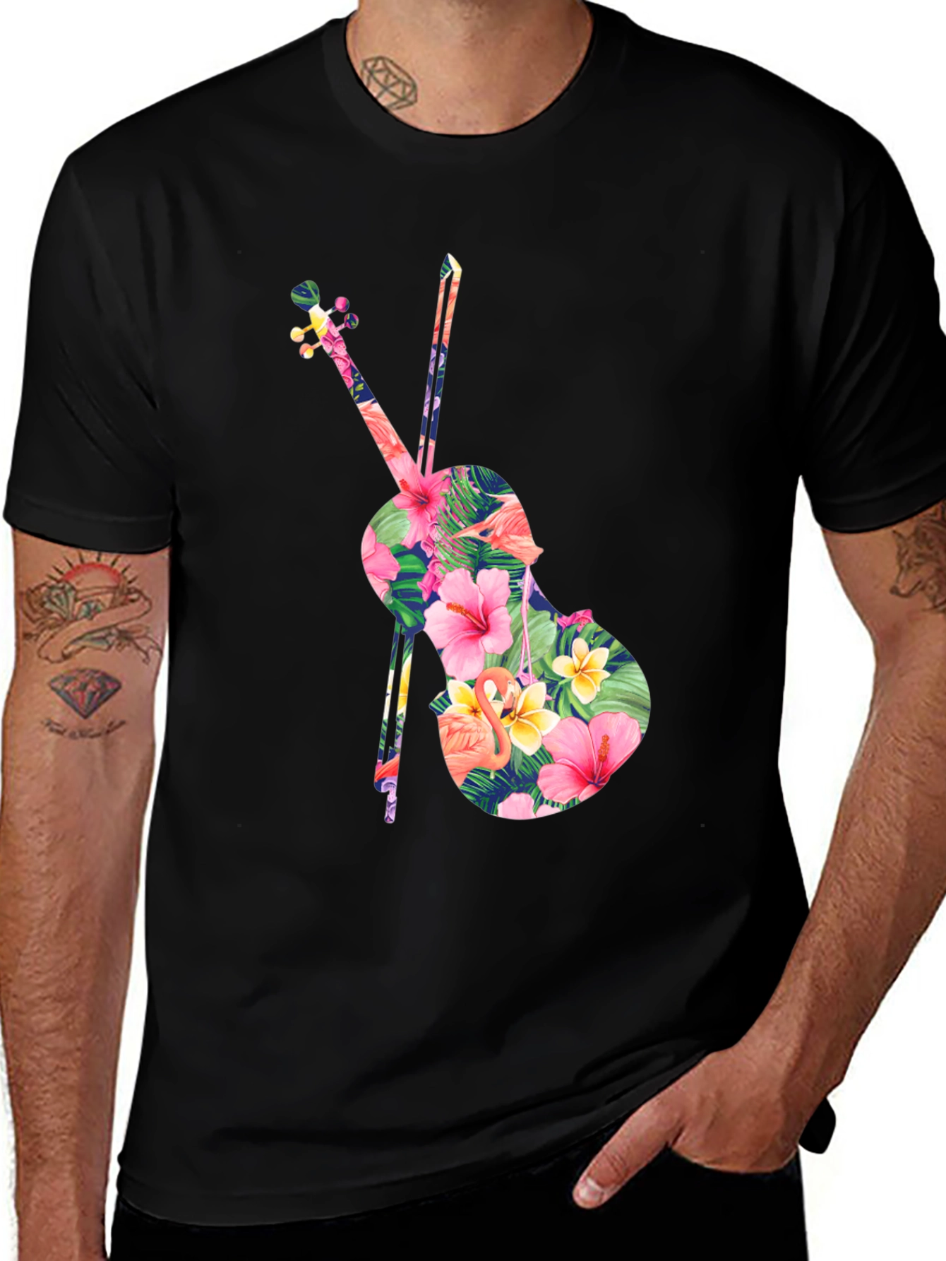 Variant 14 of Floral Violin Graphic Tee - Tropical Music Lover Shirt