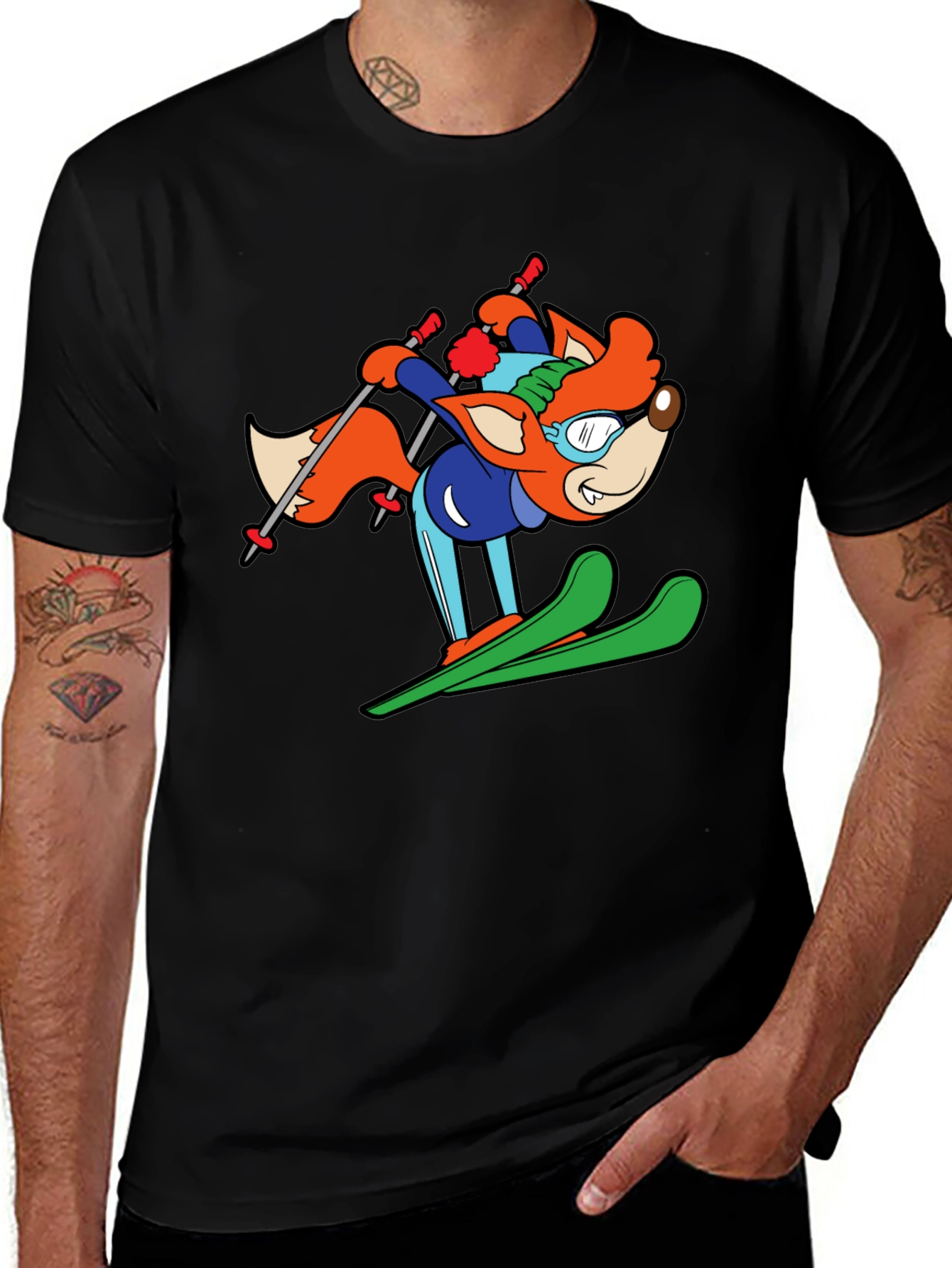 Variant 16 of Funny Fox Skiing Graphic Tee - Black