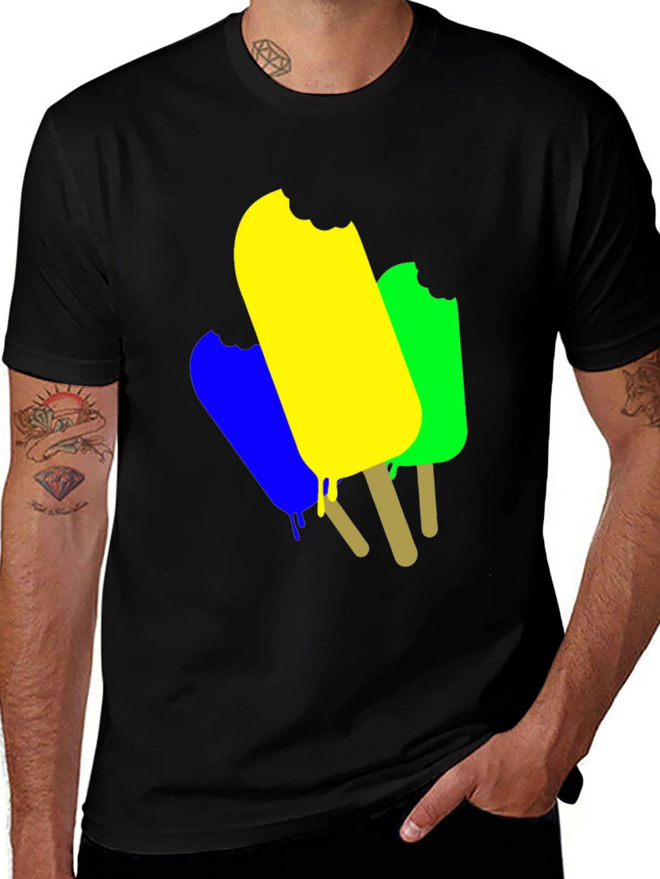 Vibrant Ice Cream Pop Graphic Tee - Black Cotton Casual Shirt