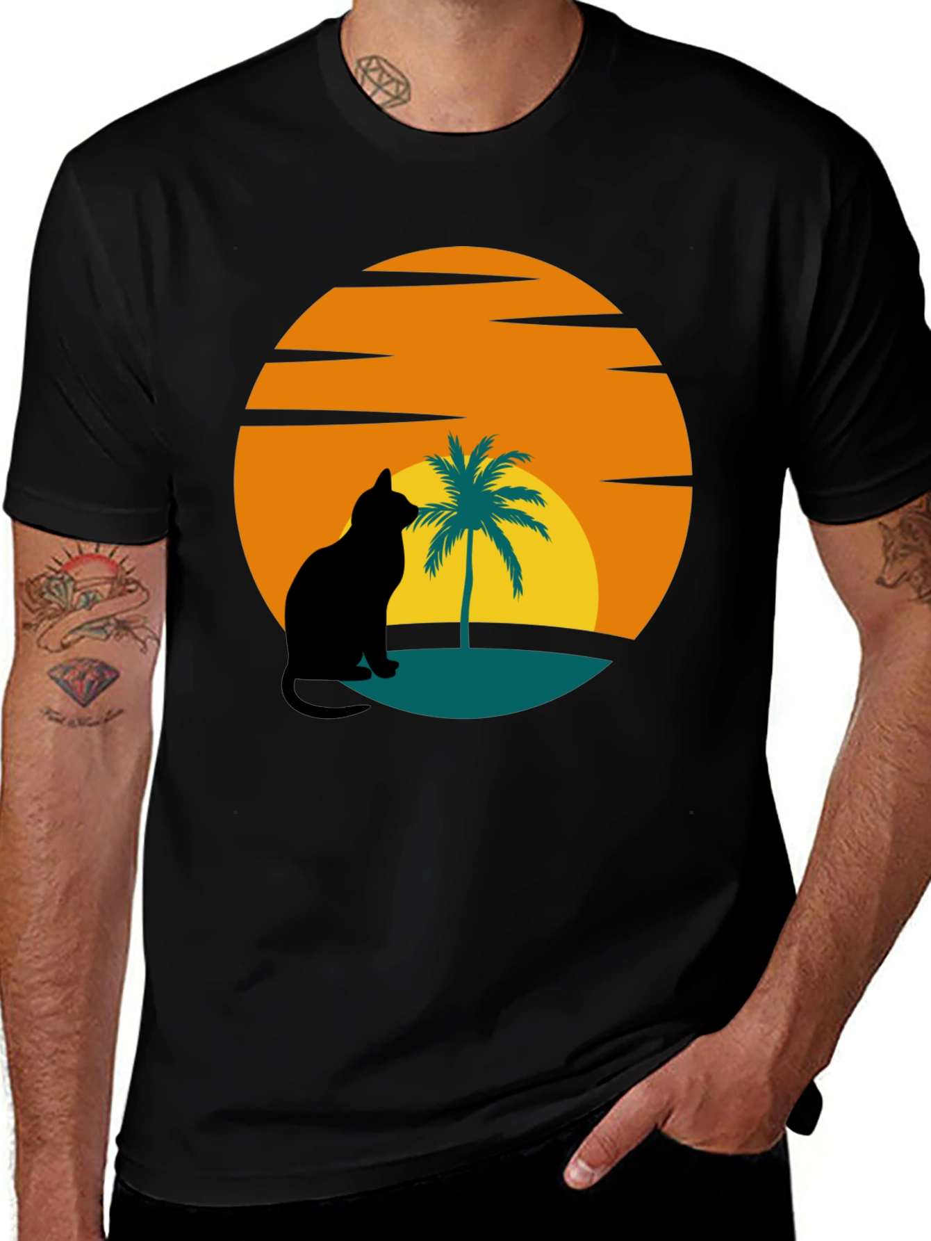 Variant 15 of Sunset Cat Palm Tree Black T-Shirt