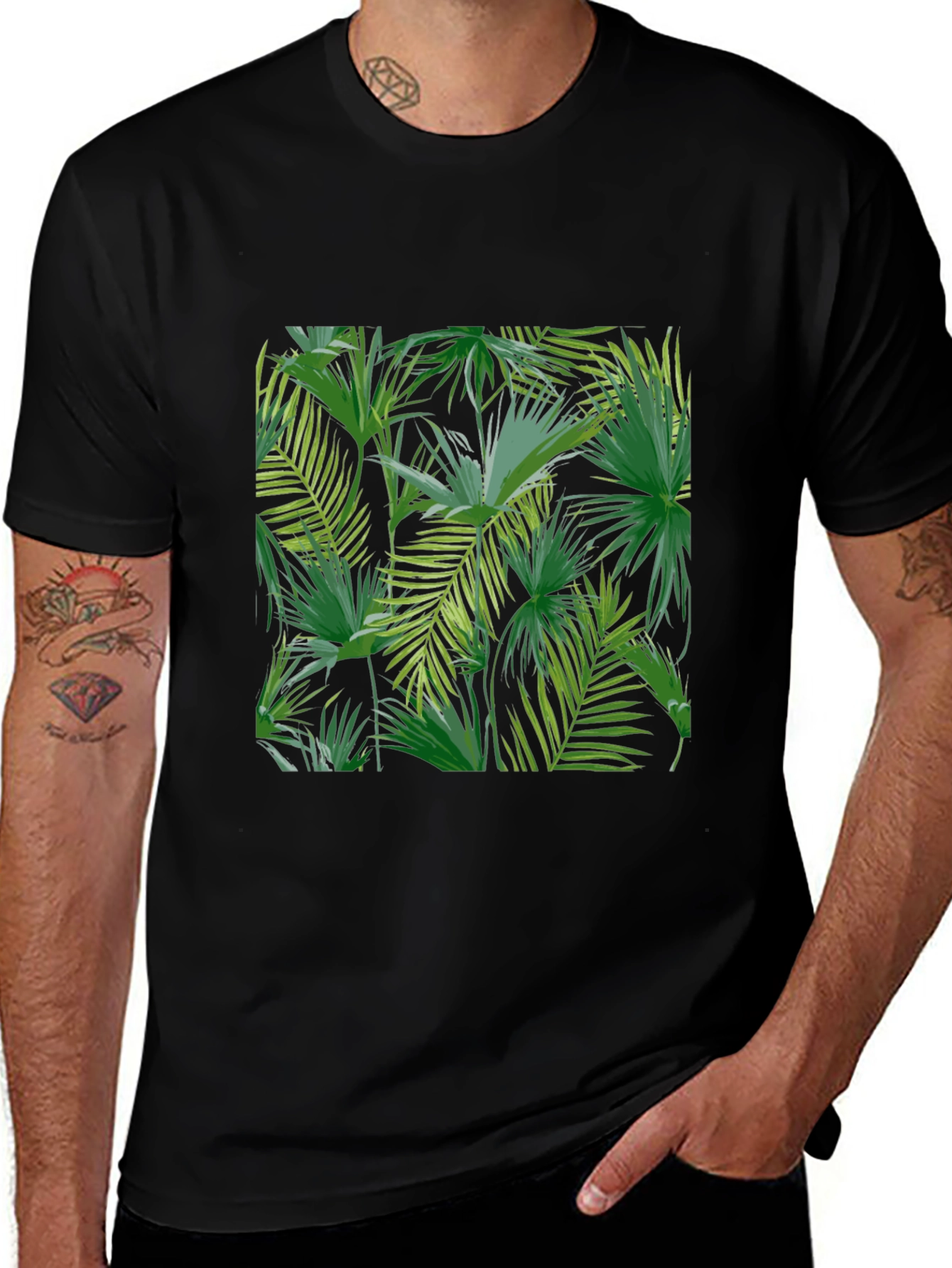 Tropical Leaf Print Black T-Shirt