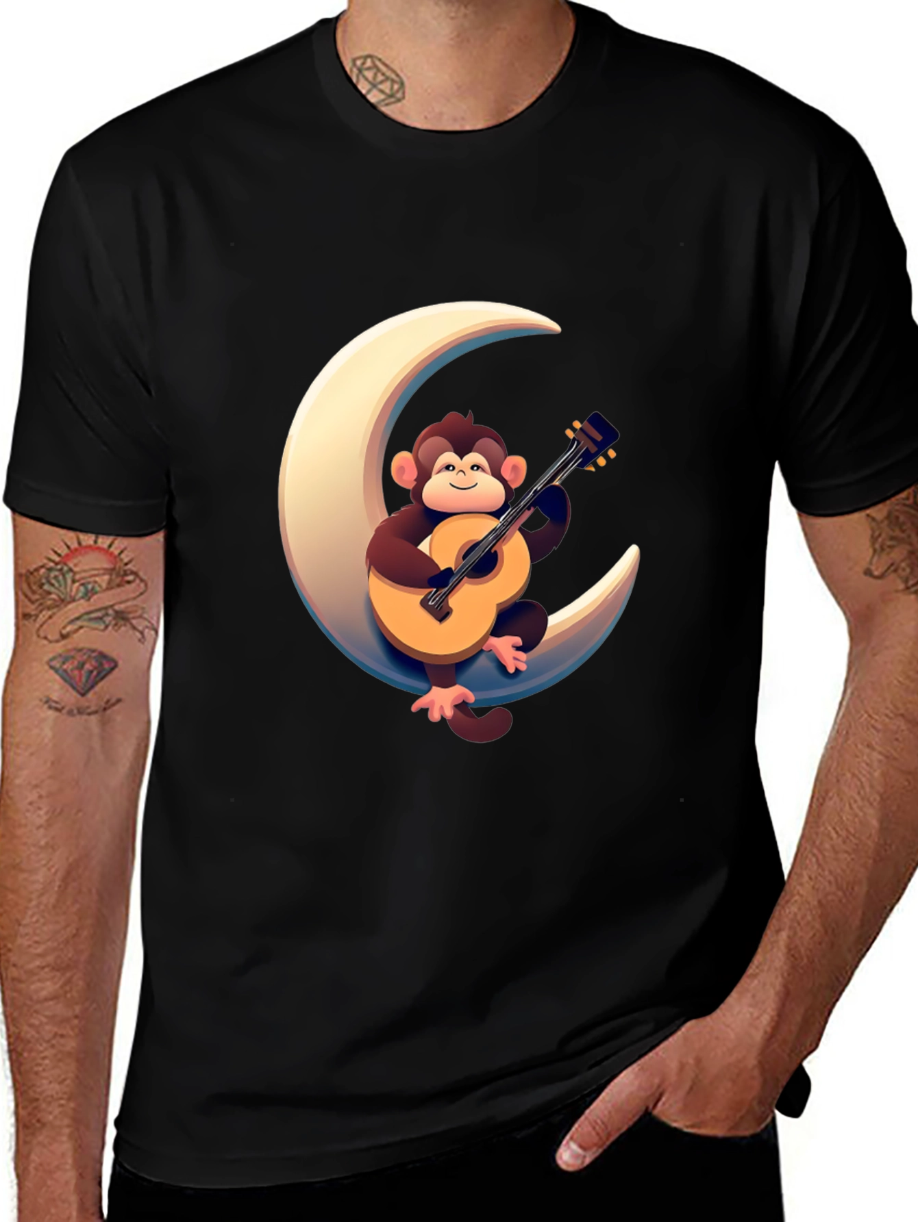 Variant 29 of Monkey Guitar Moon Graphic Tee - Black T-Shirt