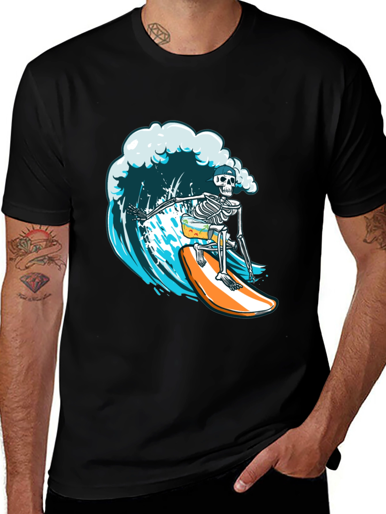 Skeleton Surfer Graphic Tee - Ride the Wave in Style!