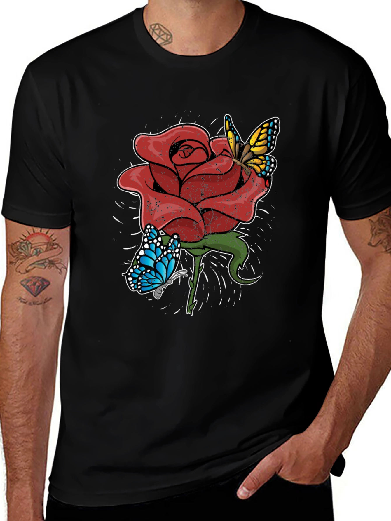 Rose and Butterfly Graphic T-Shirt - Casual Style