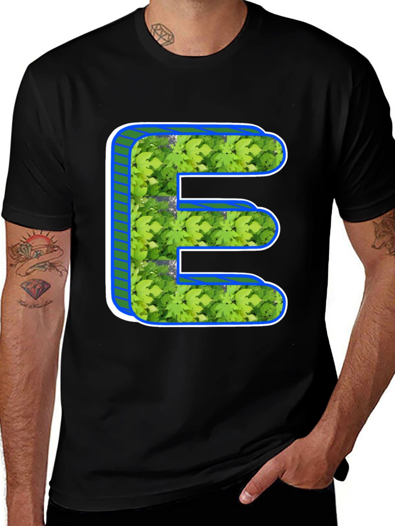 Leafy Letter E Black T-Shirt
