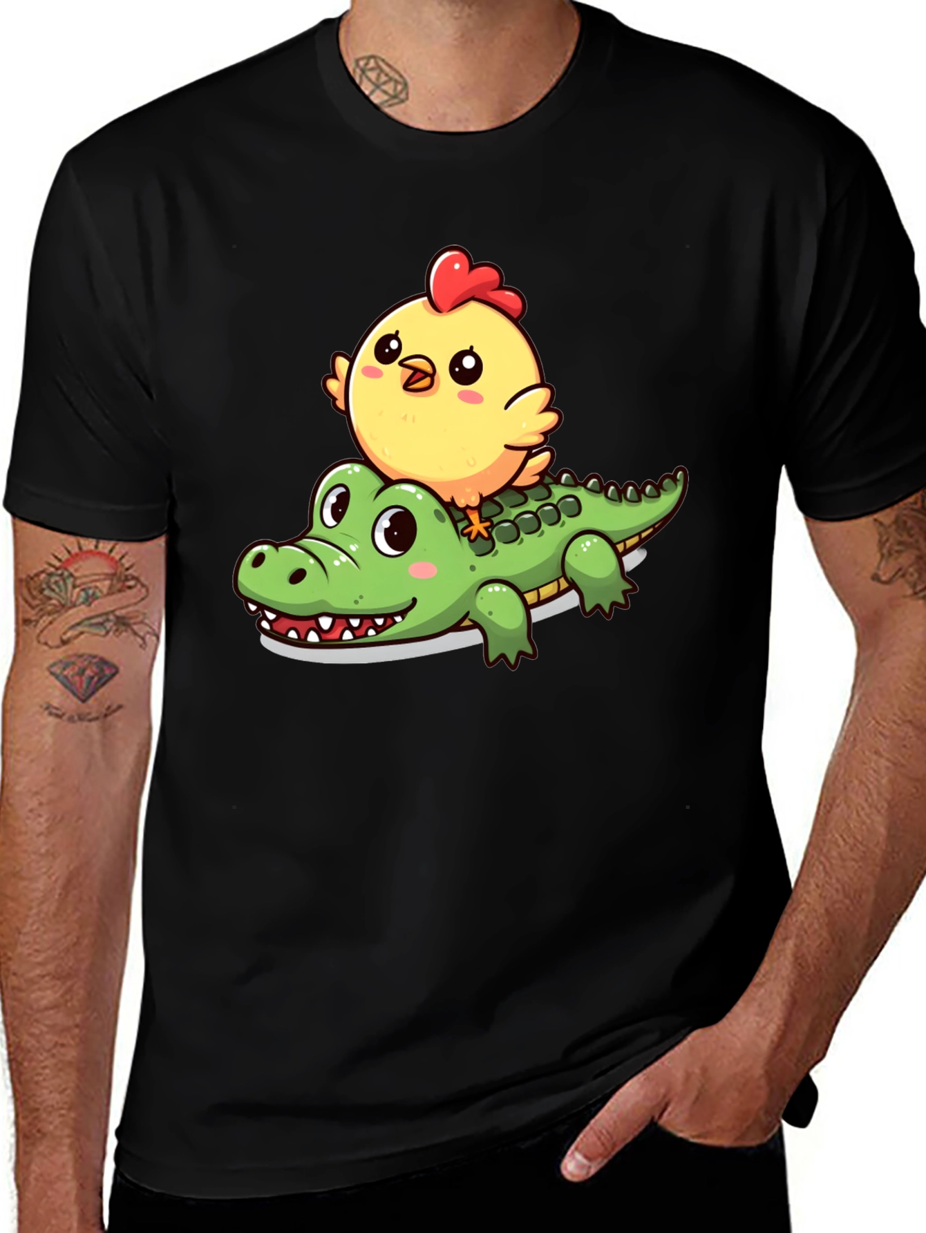 Variant 25 of Cute Cartoon Animal T-Shirt: Chicken Riding Alligator