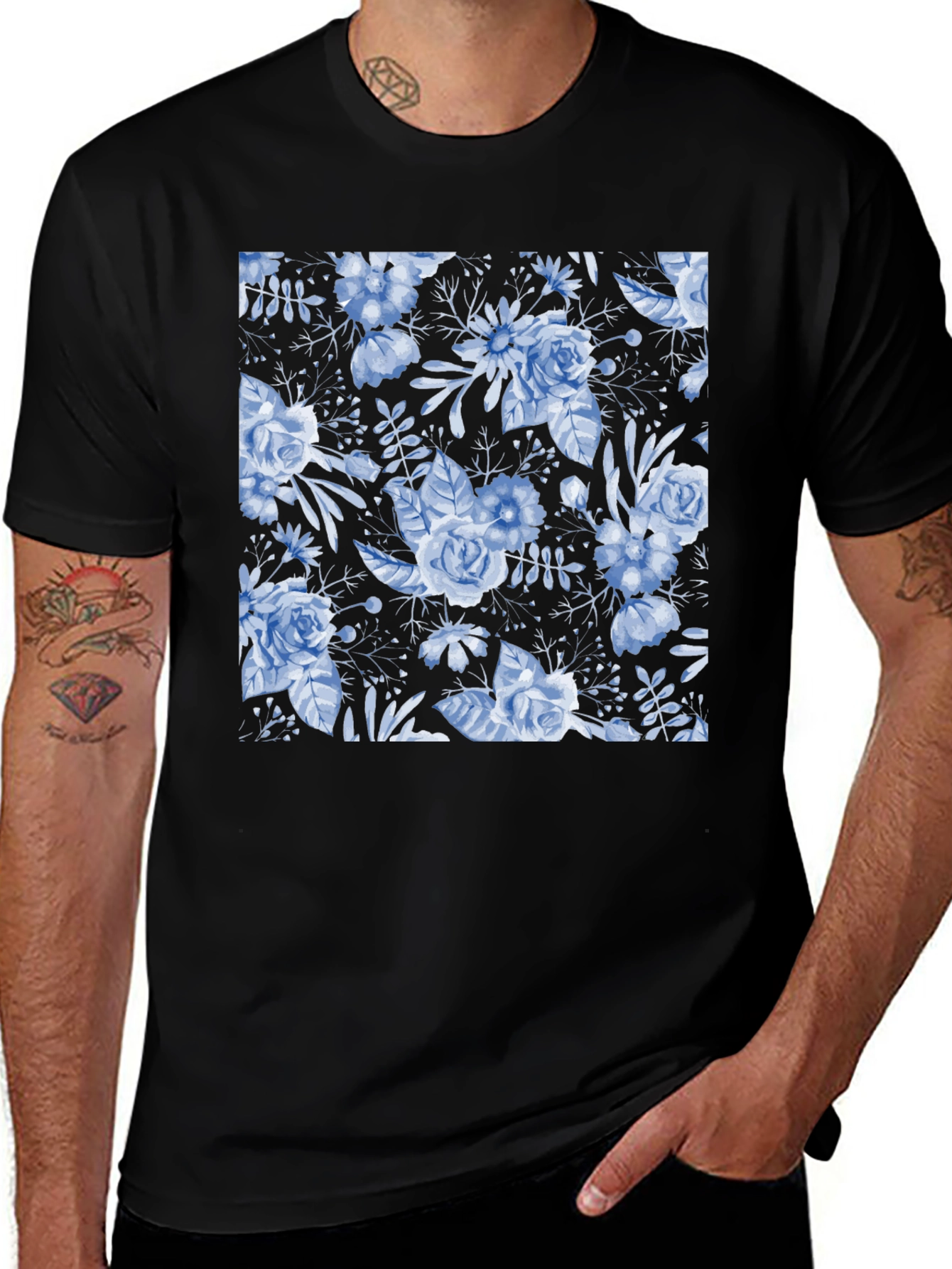 Variant 6 of Floral Print Tee - Blue Flower Pattern T-Shirt