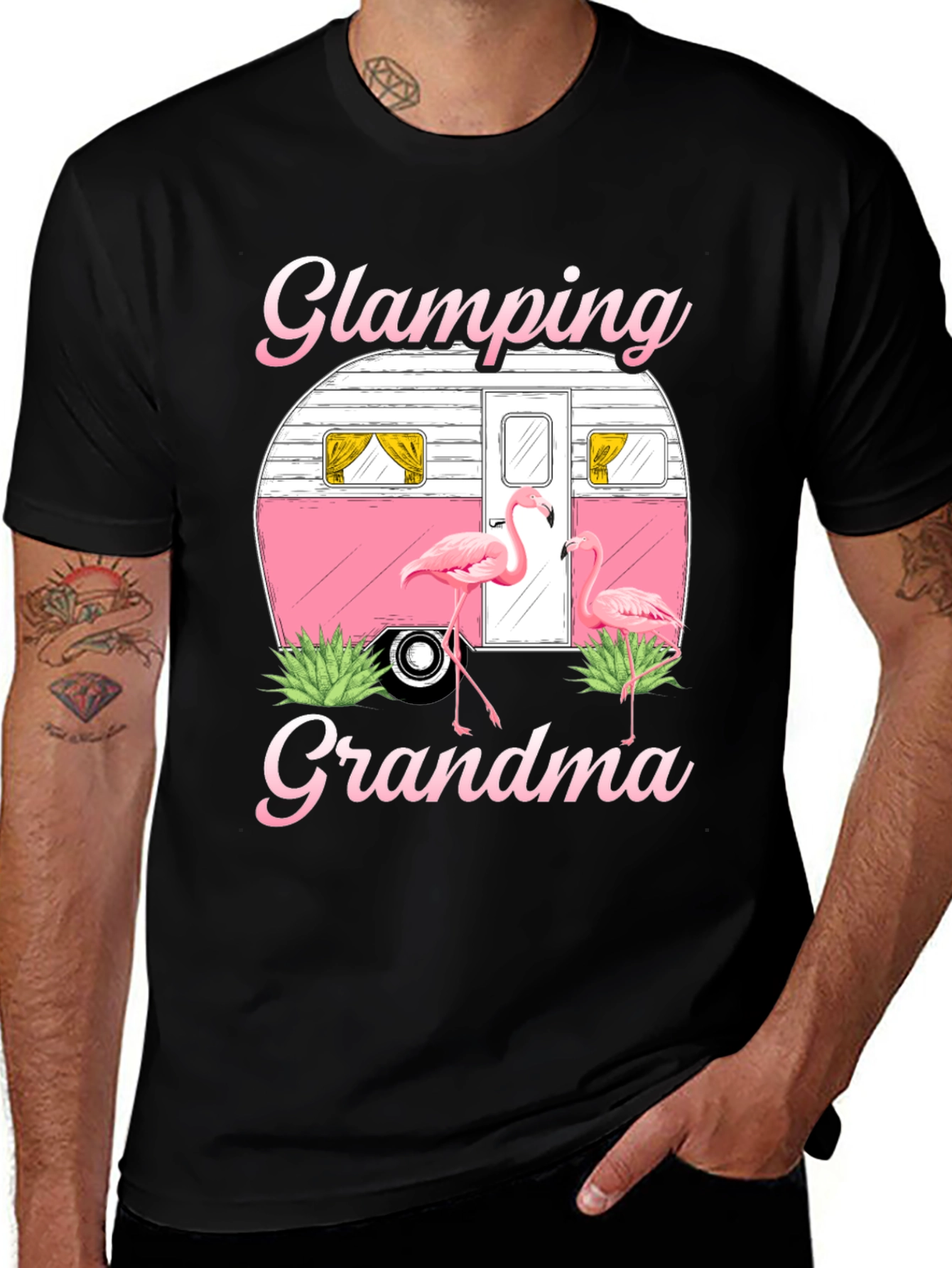 Black Glamping Grandma Flamingo T-Shirt main image
