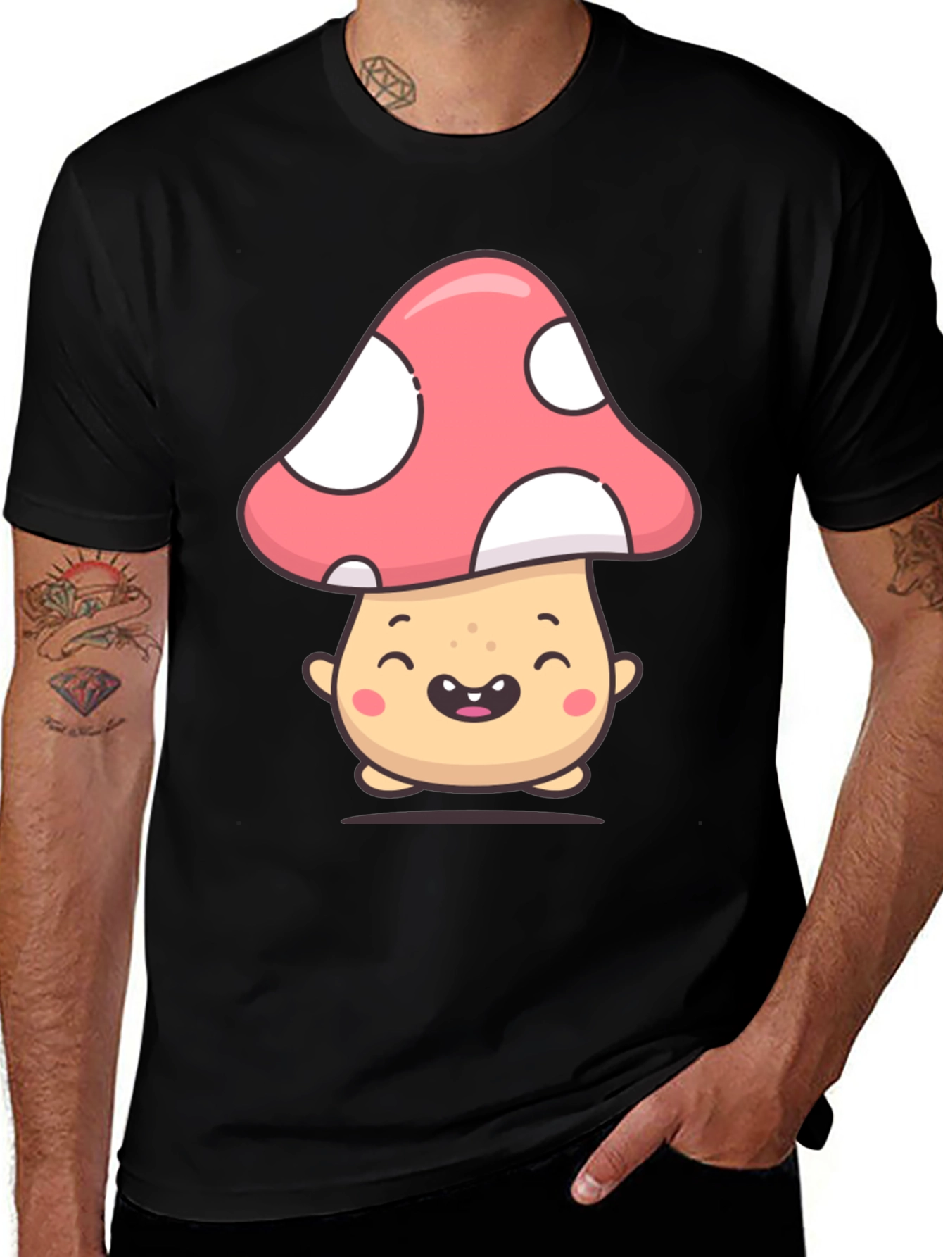 Variant 24 of Cute Mushroom Graphic Tee - Black Cotton T-Shirt