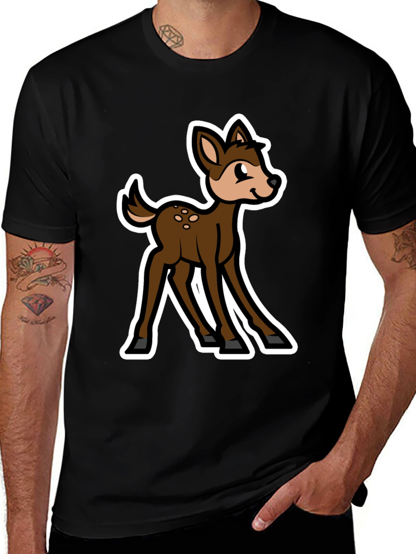 Variant 18 of Cartoon Deer Graphic Black T-Shirt