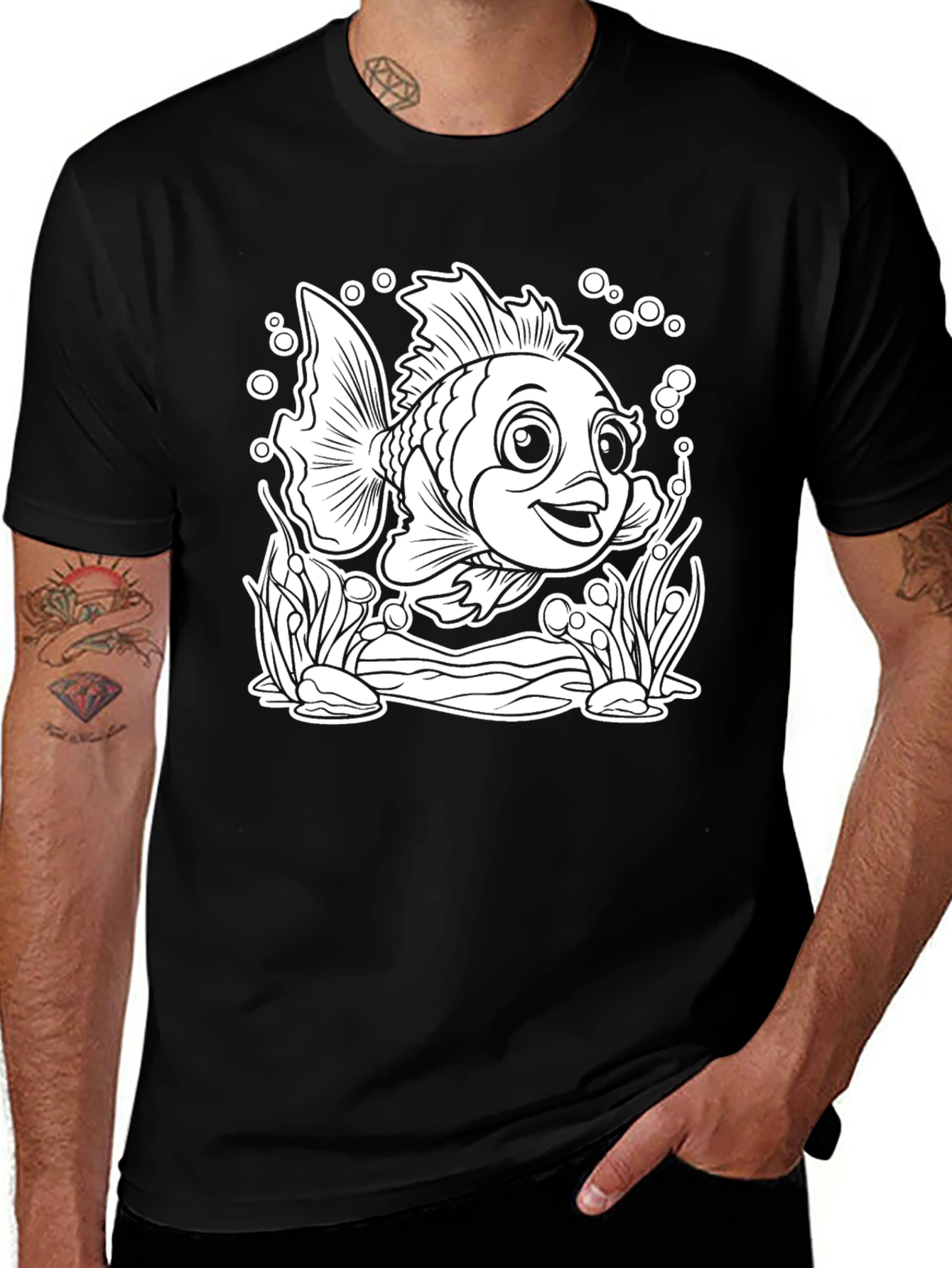Variant 12 of Cartoon Fish Graphic T-Shirt - Black