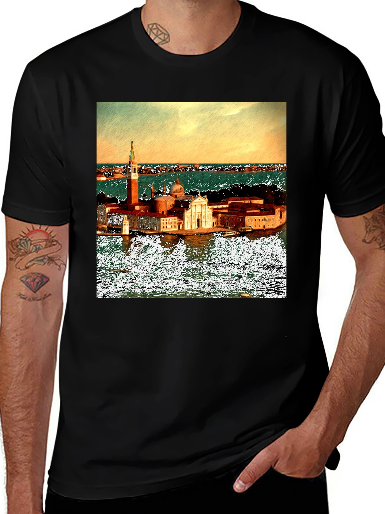 Variant 8 of Venice Italy Island Print Black T-Shirt