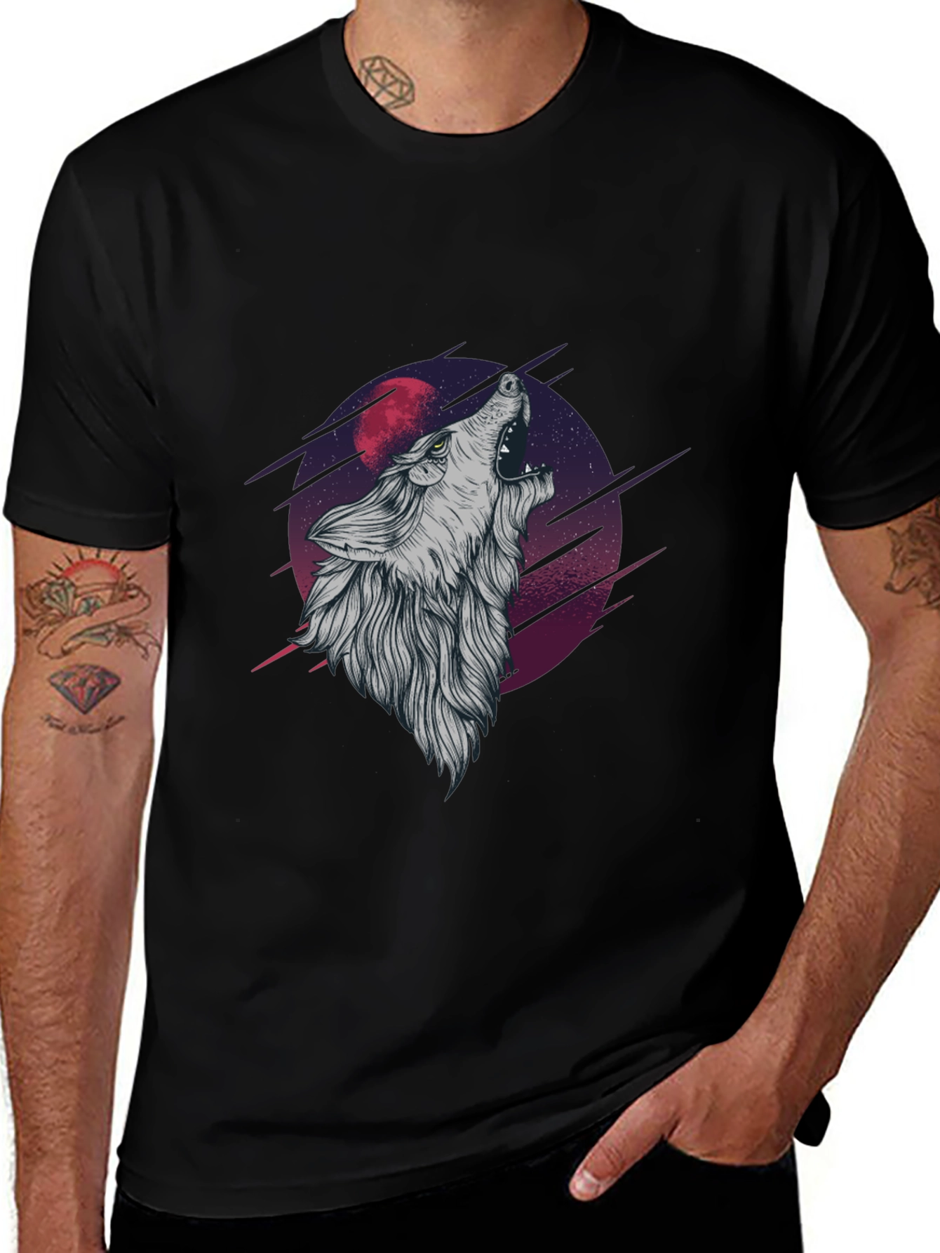 Variant 17 of Wolf Howling at Moon Graphic Tee - Black