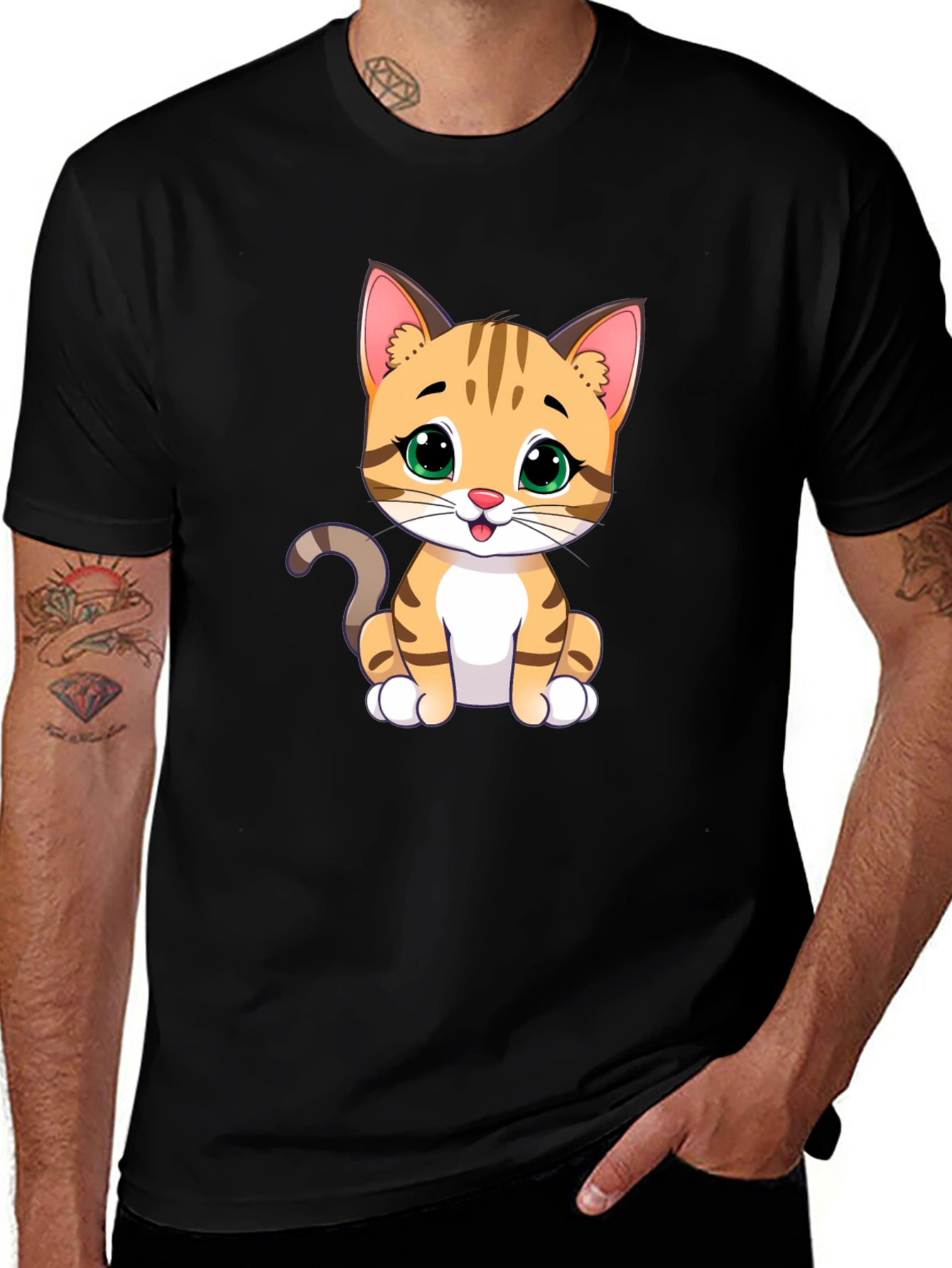 Black Cute Cartoon Cat Graphic T-Shirt main image