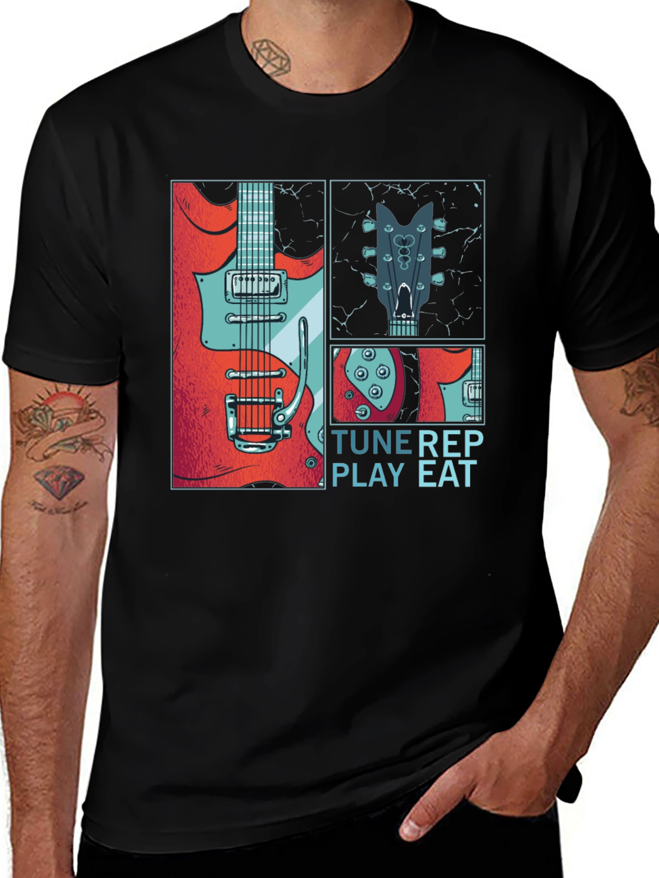Musician's T-Shirt: Tune, Rep, Play, Eat - Guitar Design