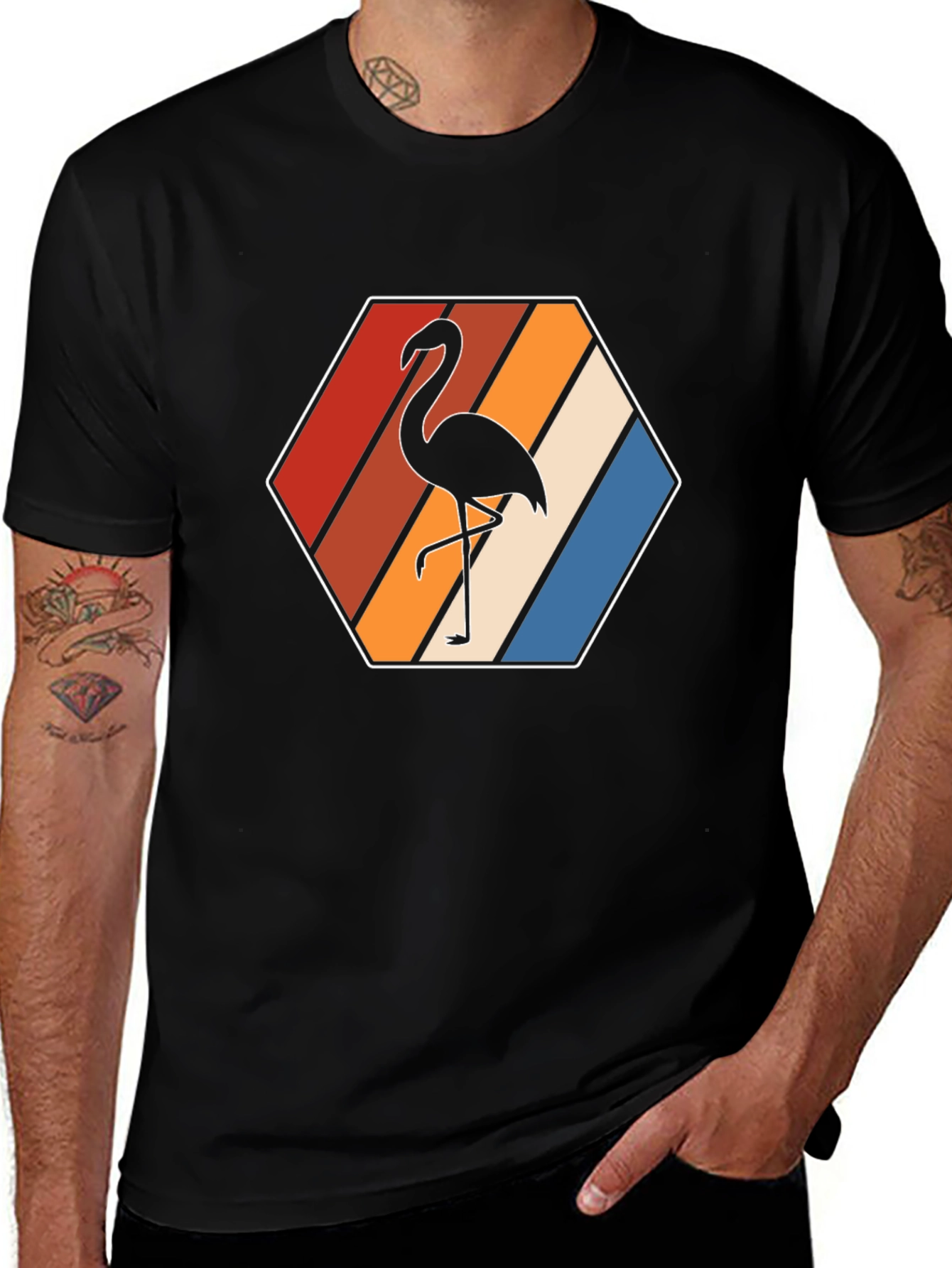 Variant 9 of Retro Flamingo Graphic Tee - Men's Black T-Shirt