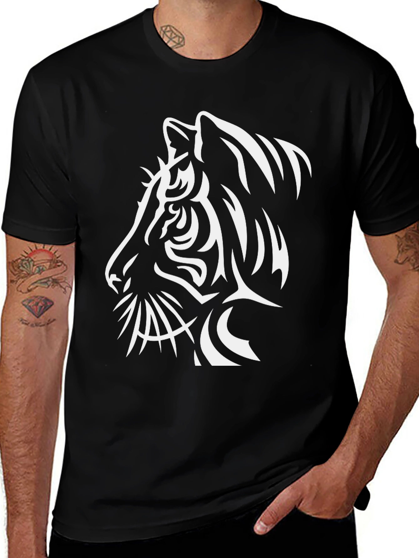 Variant 22 of Black T-Shirt with White Tiger Graphic