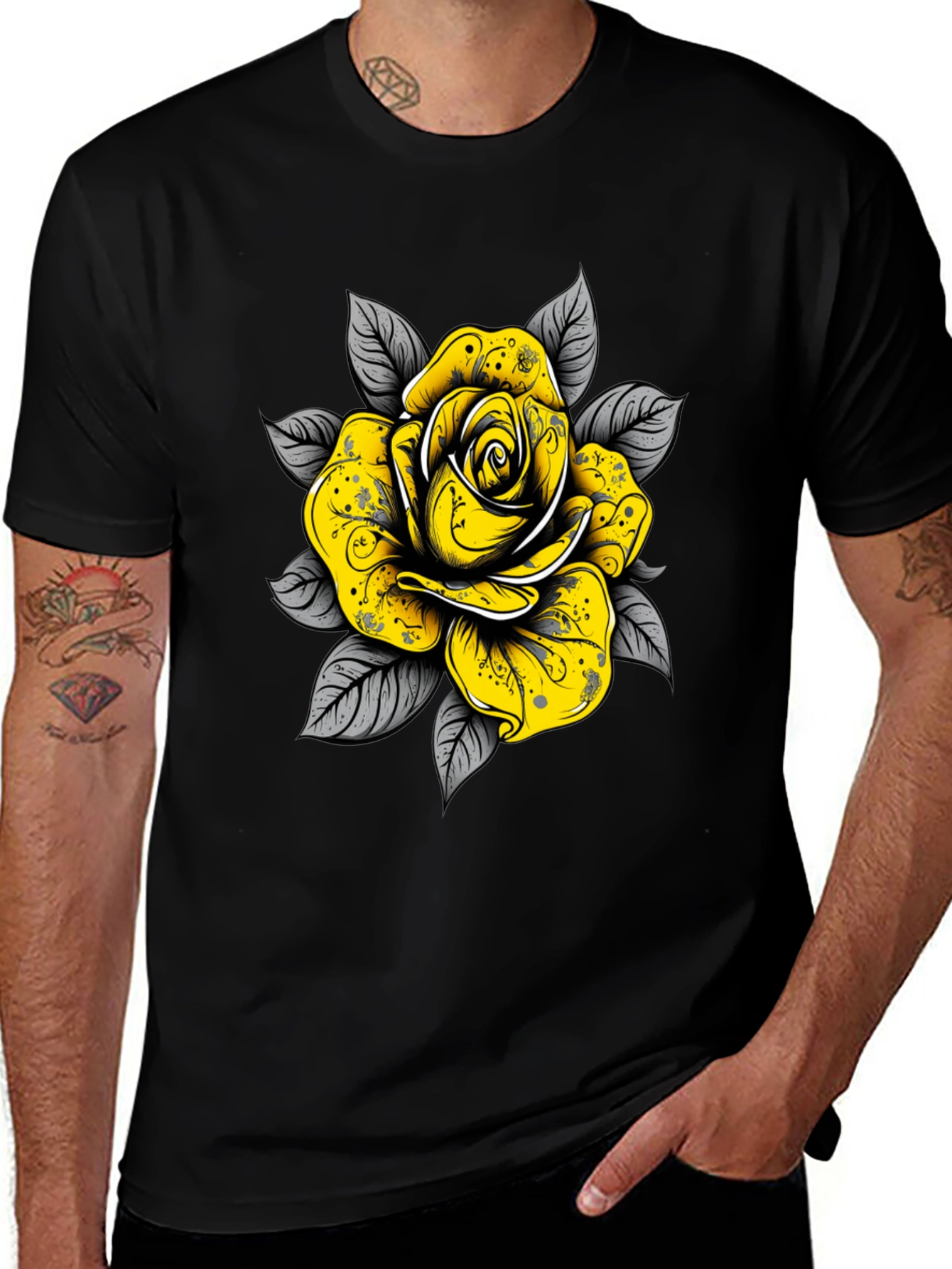 Variant 2 of Black T-Shirt with Yellow Rose Graphic