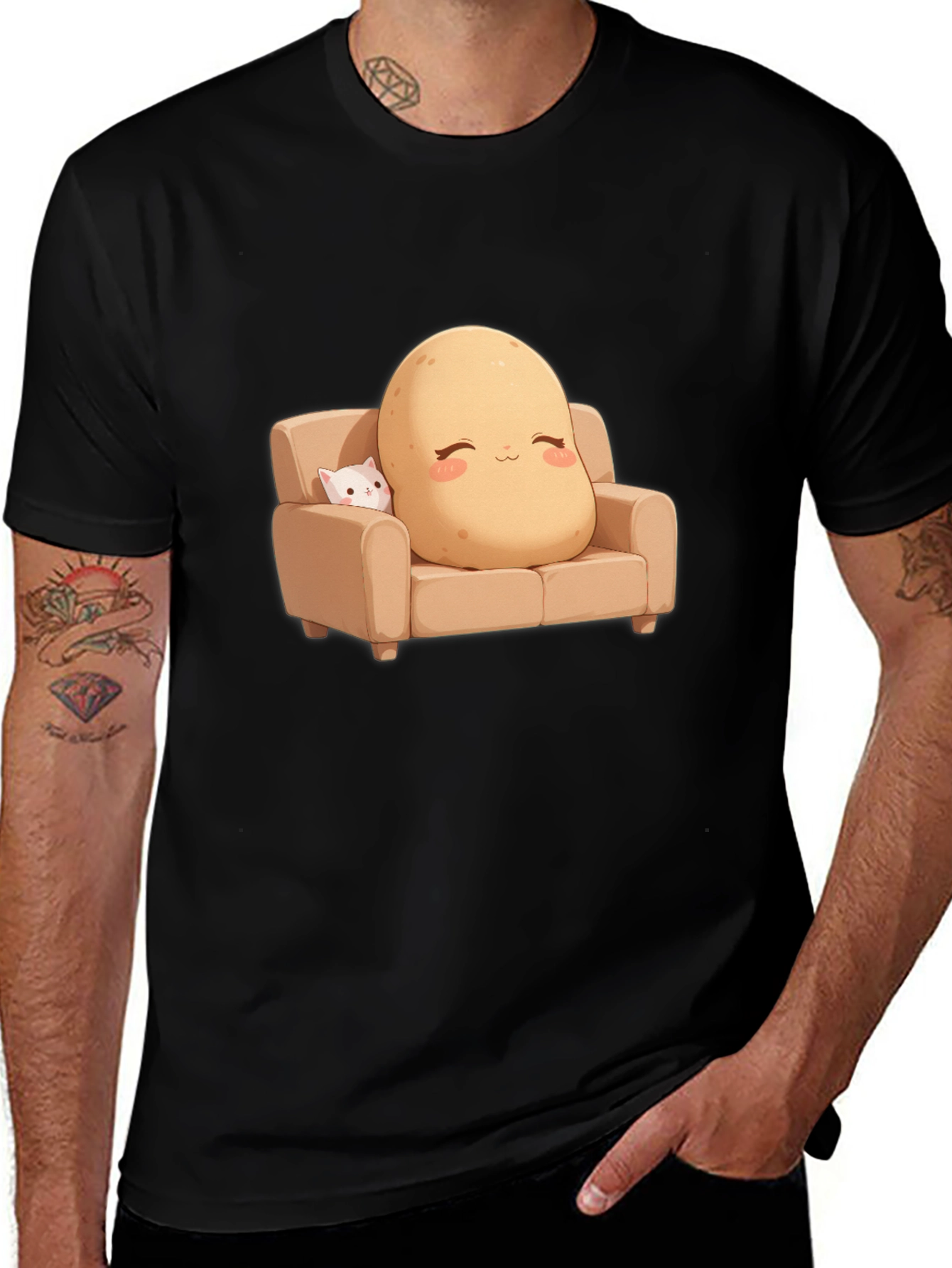 Variant 14 of Cute Potato & Cat on Couch Graphic Tee - Unisex Black T-Shirt