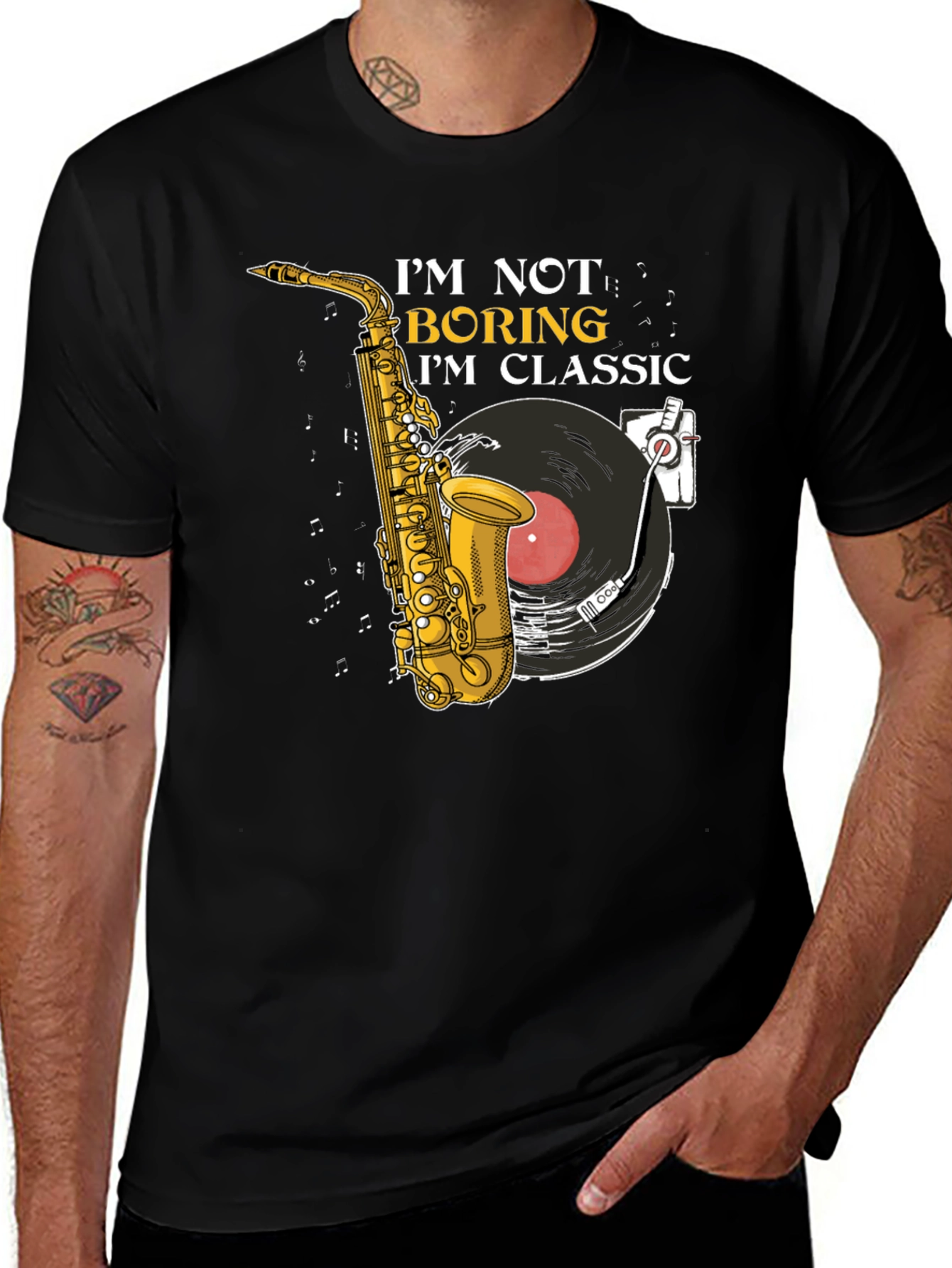 Variant 26 of Classic Music T-Shirt: Saxophone & Vinyl Design