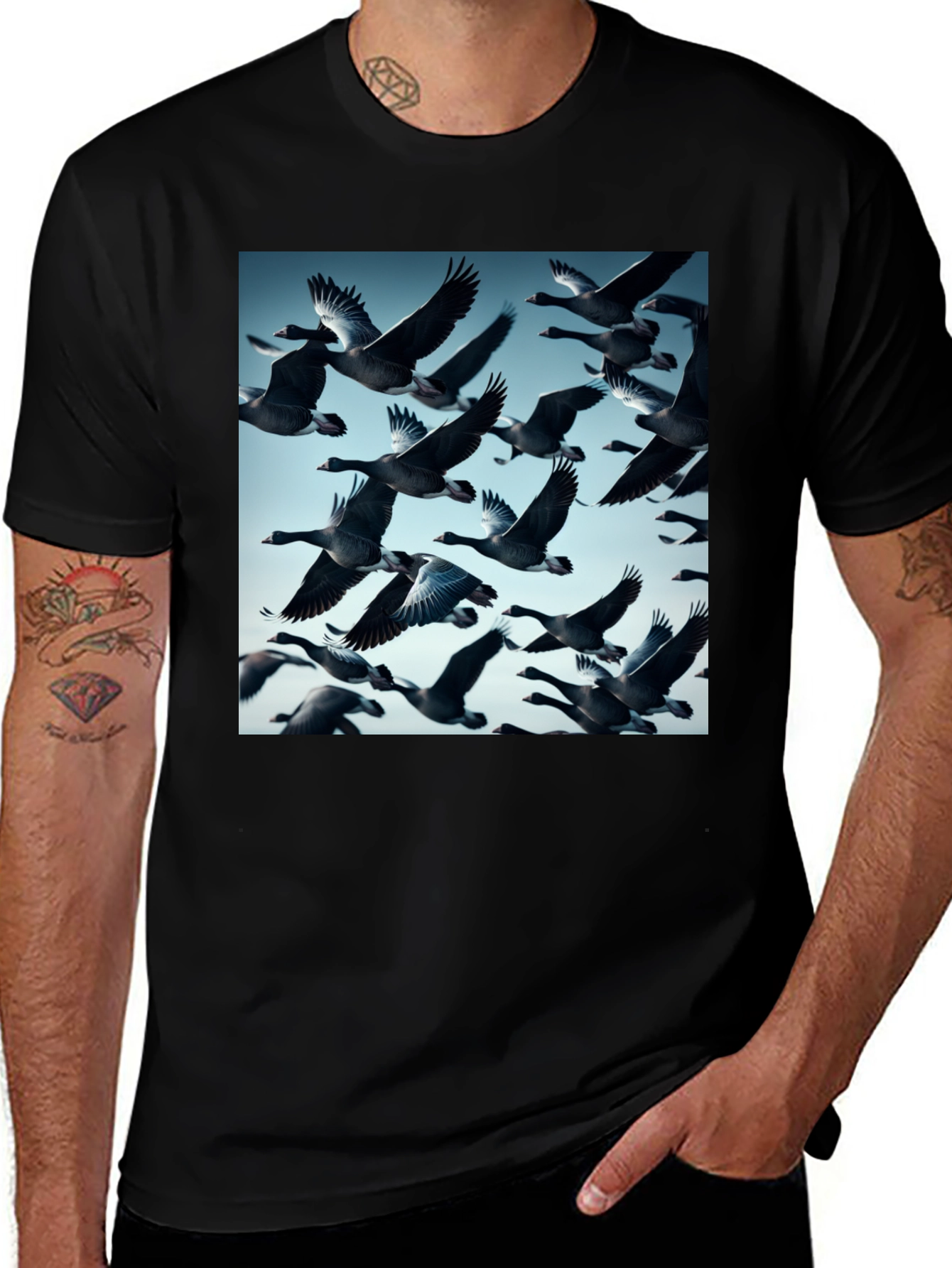Variant 10 of Men's Black T-Shirt with Flying Geese Print