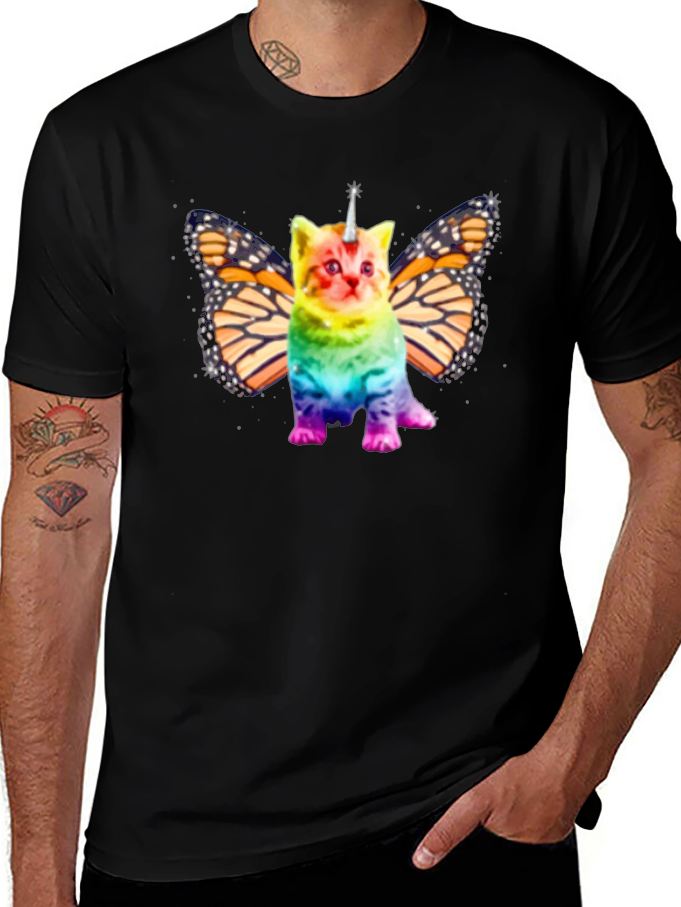 Unicorn Cat Butterfly Wings Black T-shirt