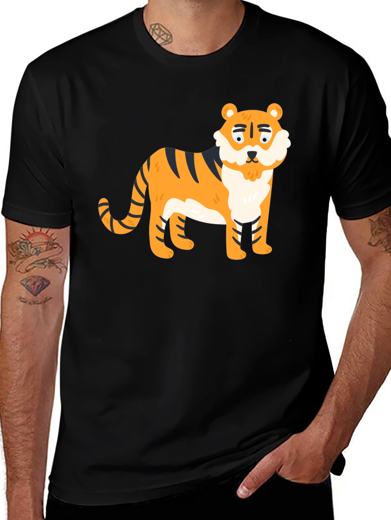 Cartoon Tiger Graphic Tee - Black Cotton Blend
