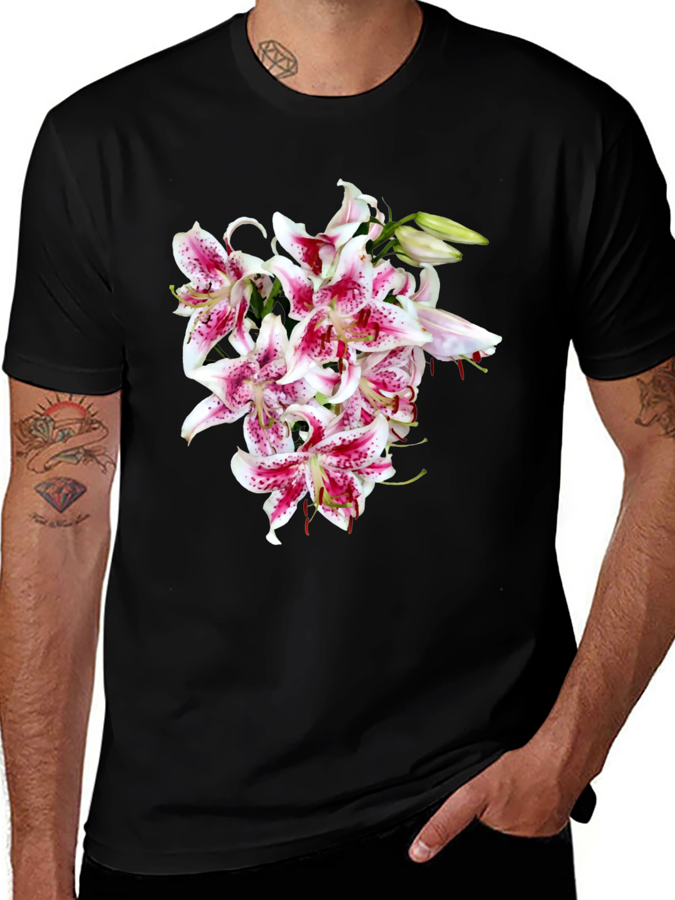 Variant 6 of Floral Print T-Shirt - Casual Black Tee with Lily Bouquet Design