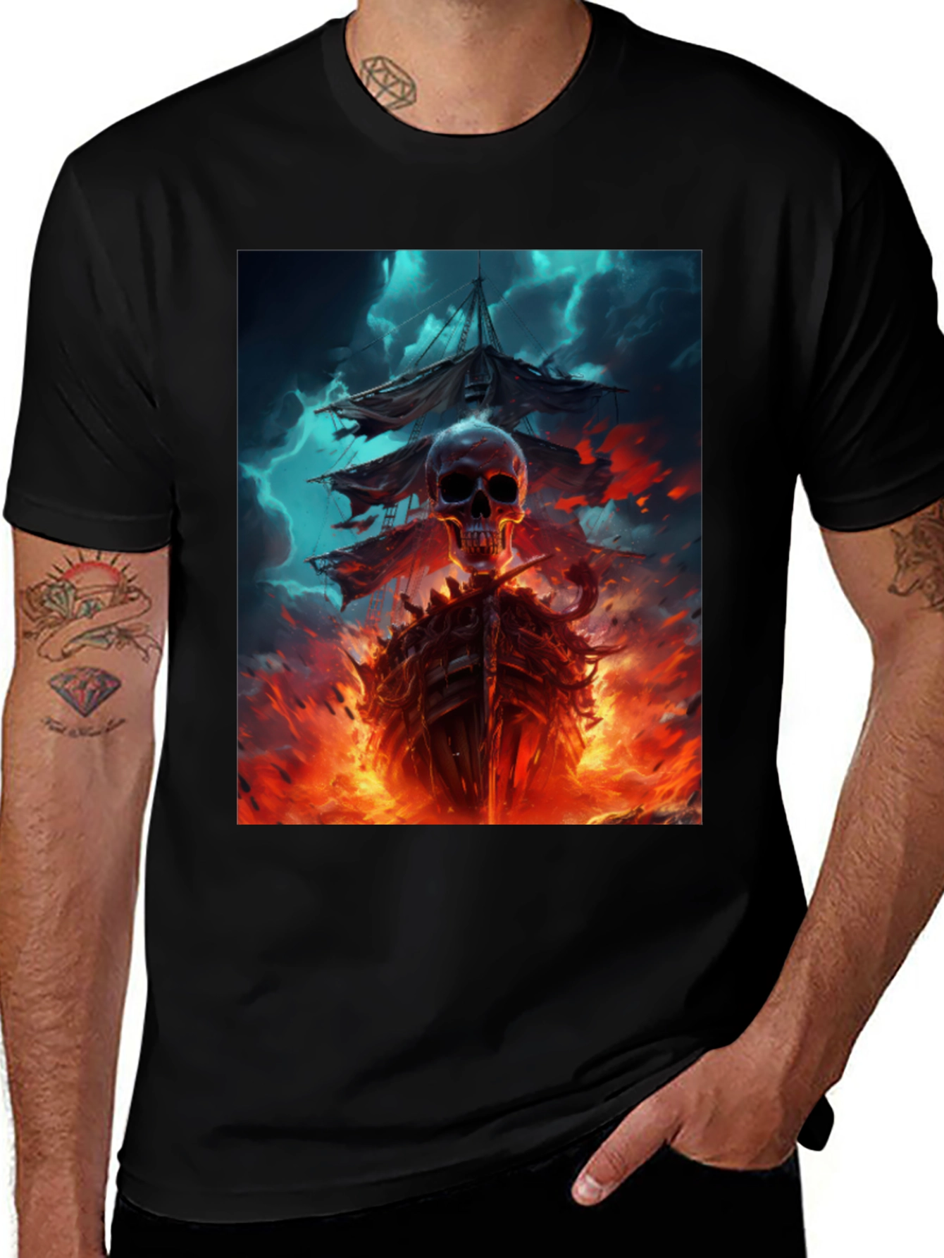 Variant 30 of Skull Pirate Ship T-Shirt - Men's Black Graphic Tee