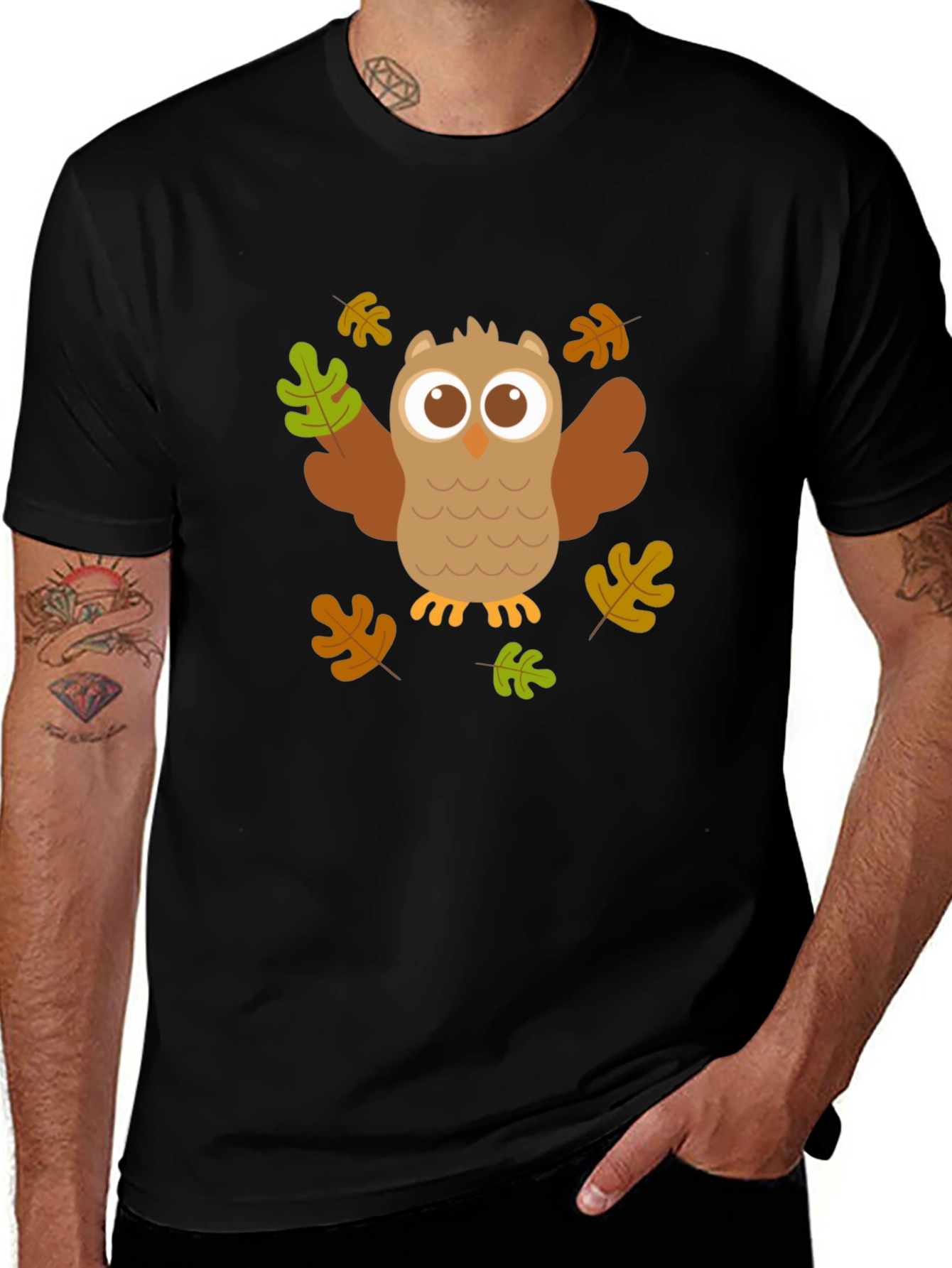 Owl & Autumn Leaves Graphic Tee - Black