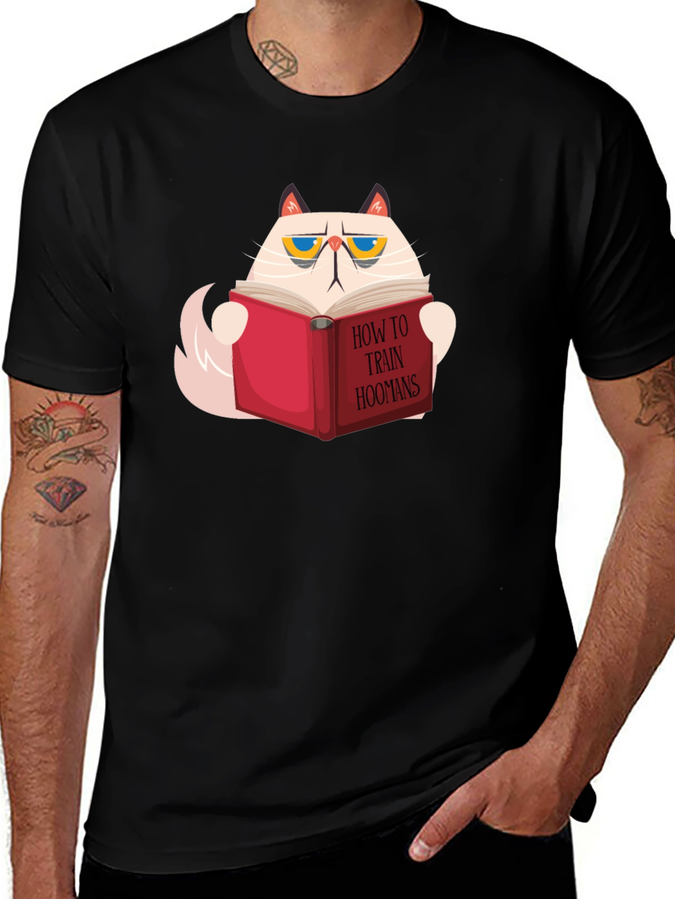Variant 22 of Cat Reading 'How To Train Hoomans' Black T-Shirt