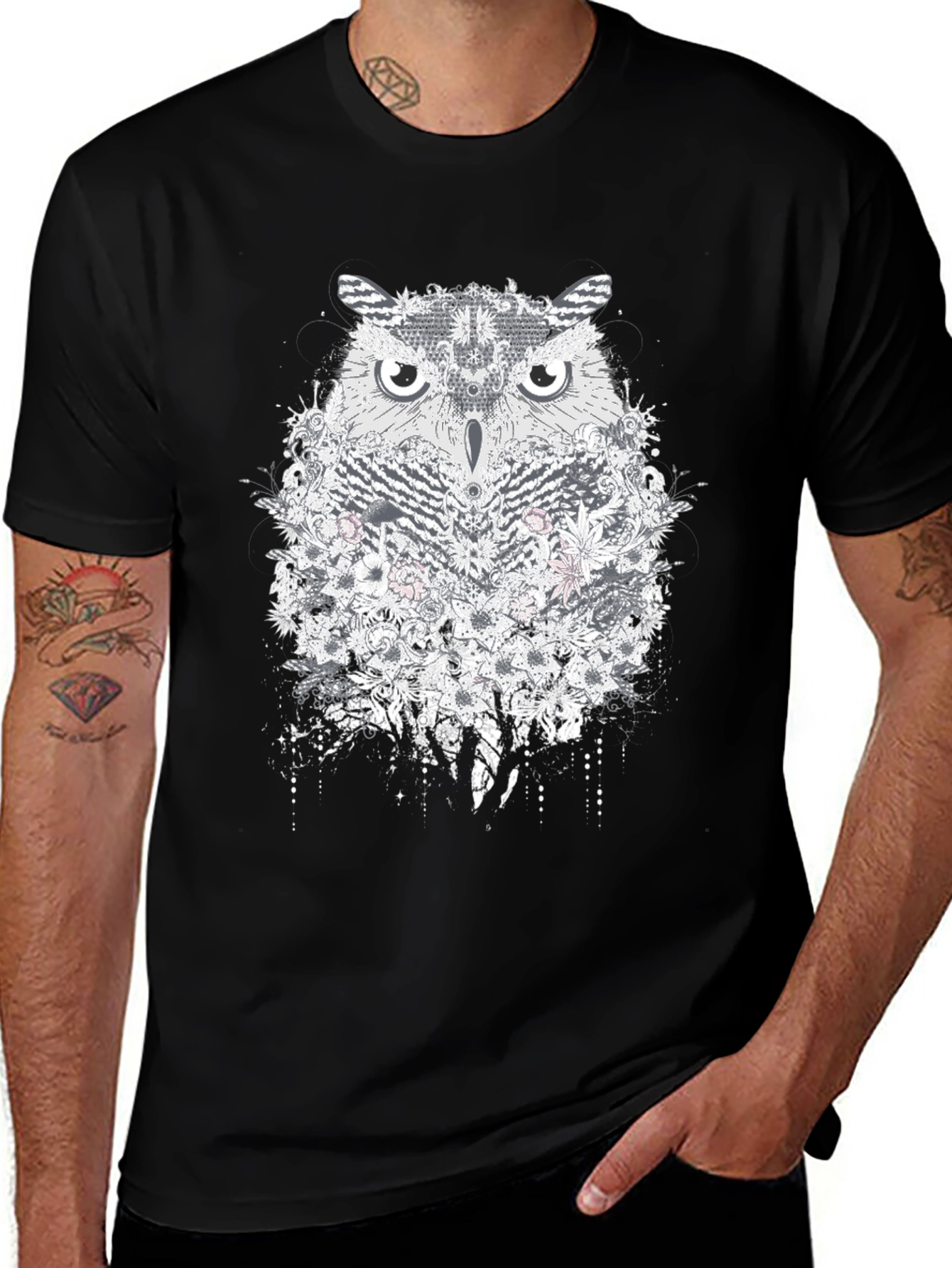 Variant 25 of Unique Owl Floral Print Black T-Shirt