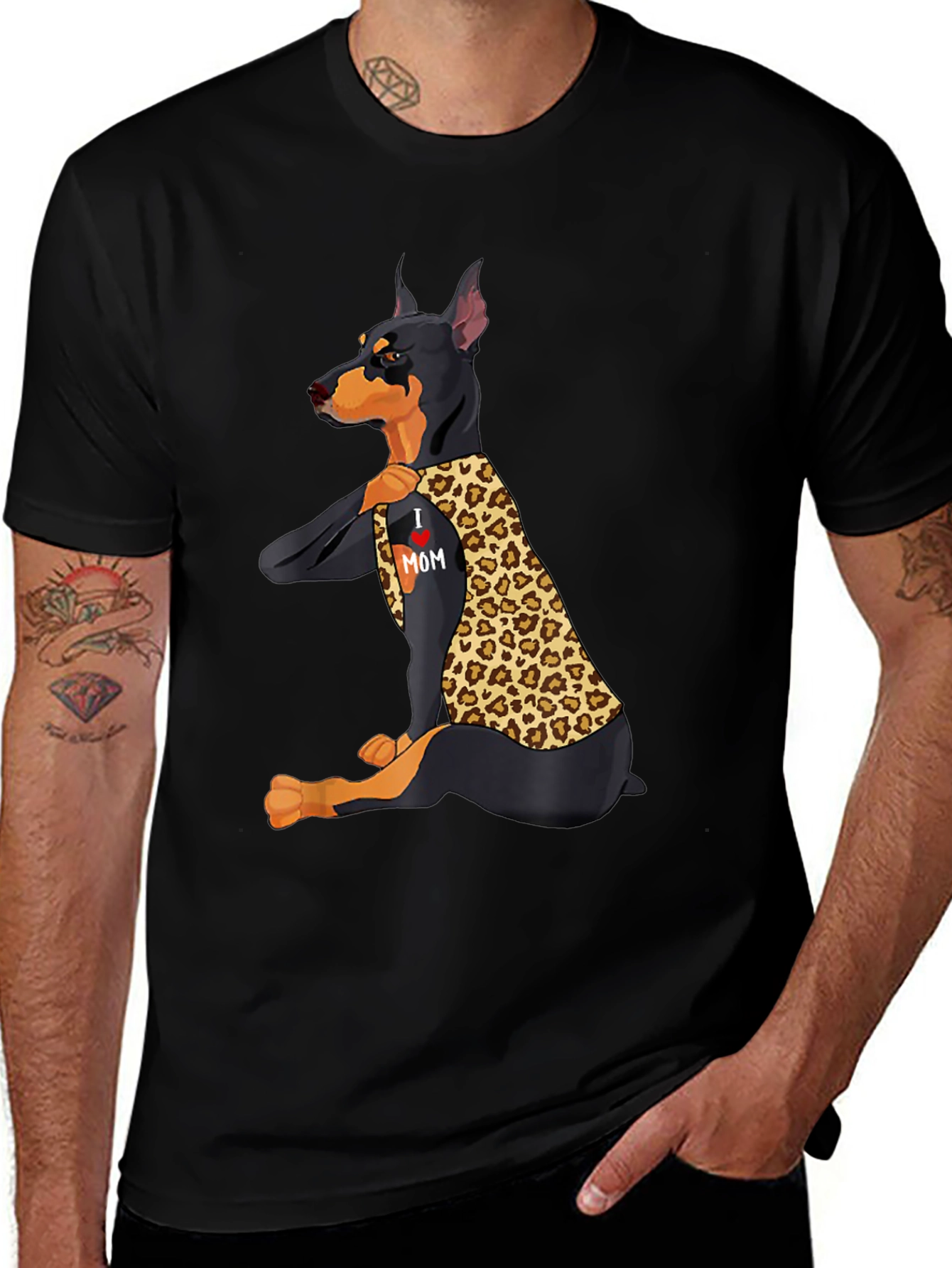 Variant 22 of Doberman Leopard Print 'I Love Mom' T-Shirt