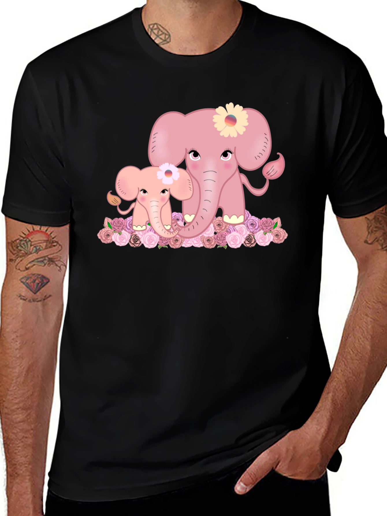 Variant 7 of Cute Elephant Family Graphic Tee - Black T-Shirt