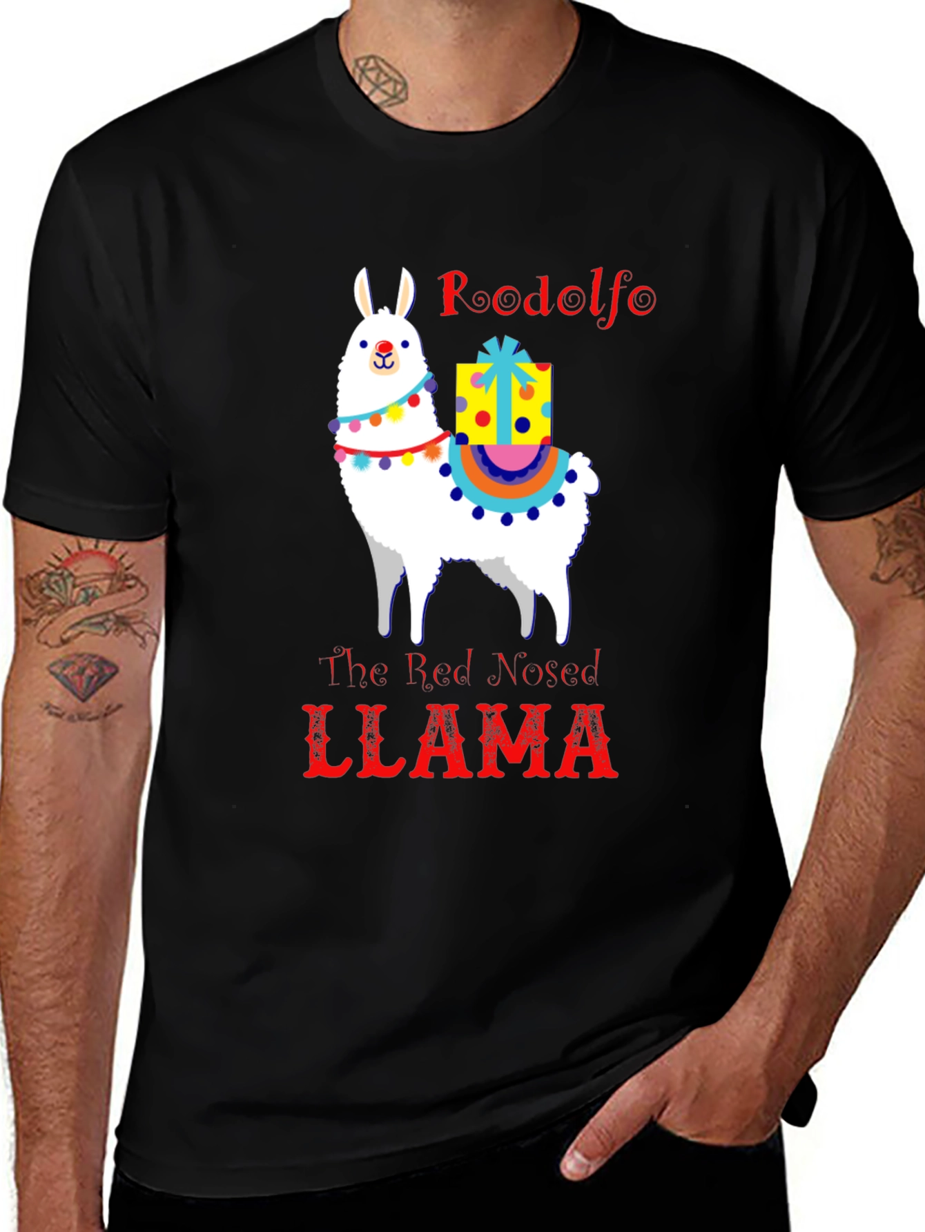 Variant 28 of Rudolfo the Red-Nosed Llama Graphic Tee
