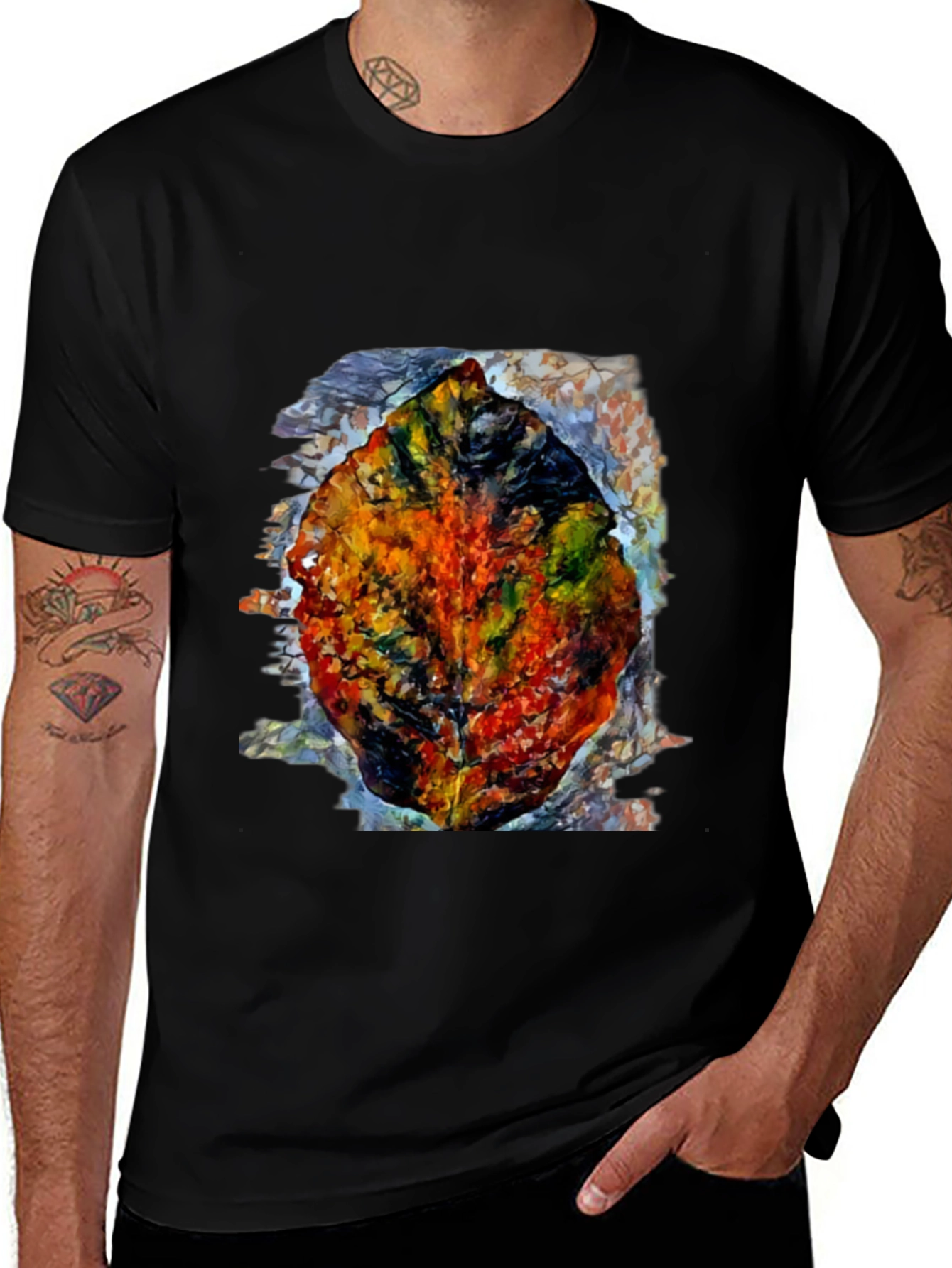 Variant 12 of Abstract Leaf Print Black T-Shirt