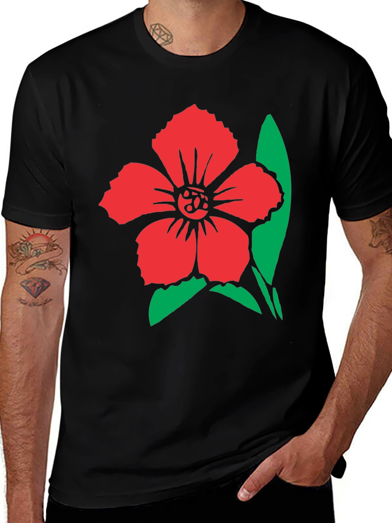 Variant 7 of Floral Graphic Tee - Red Flower Design on Black Shirt