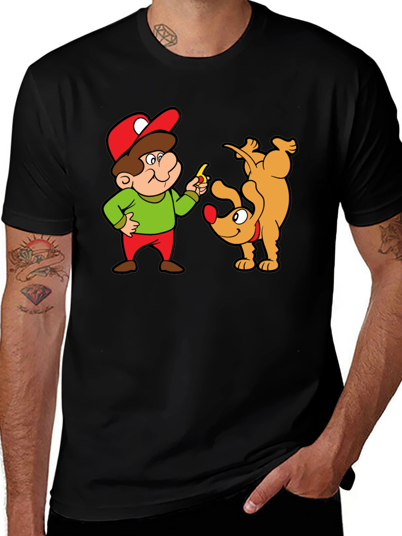 Black Cartoon Man & Dog Graphic Black T-Shirt main image