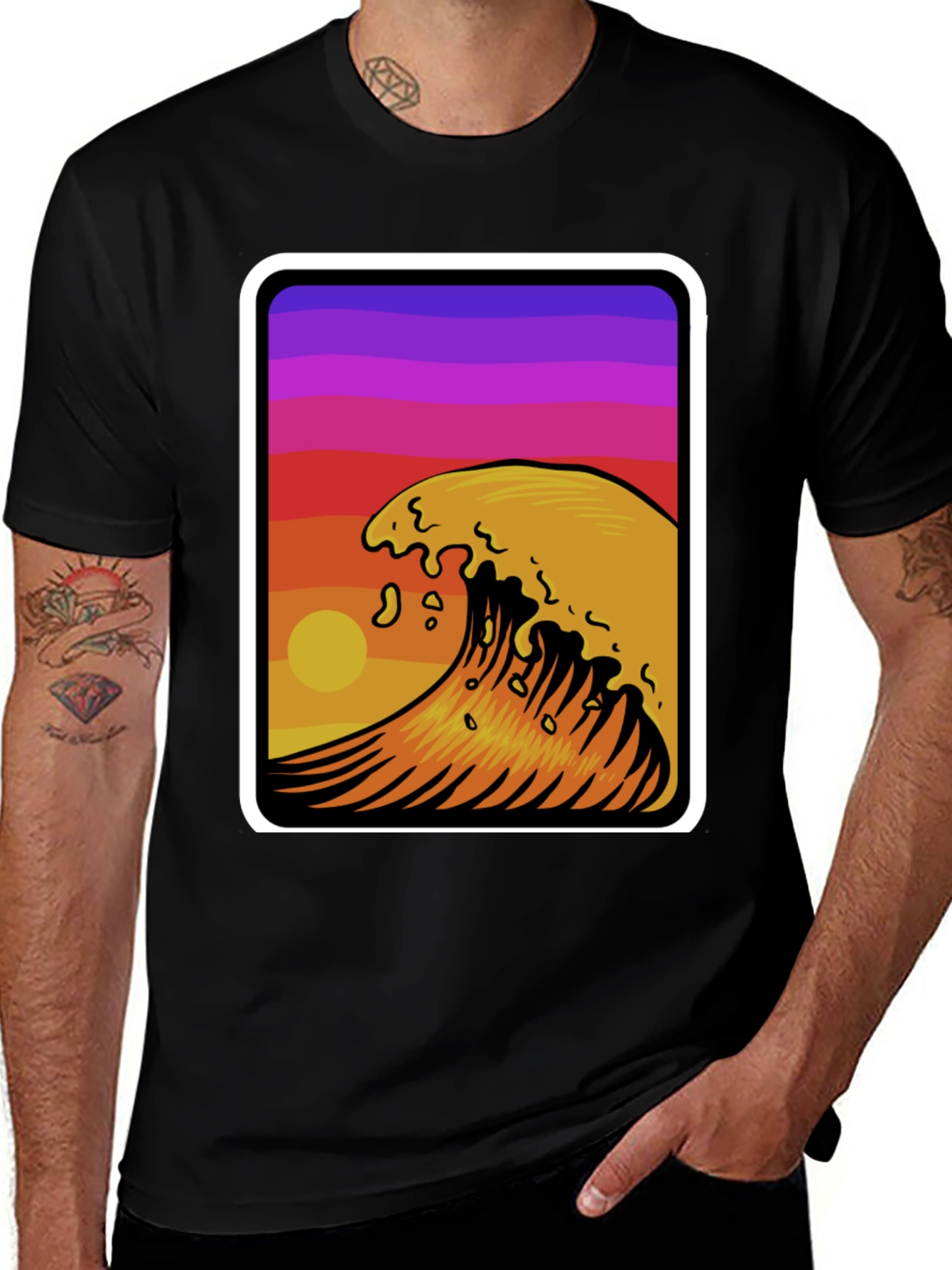 Variant 26 of Sunset Wave Graphic Tee - Stylish Black Cotton T-Shirt