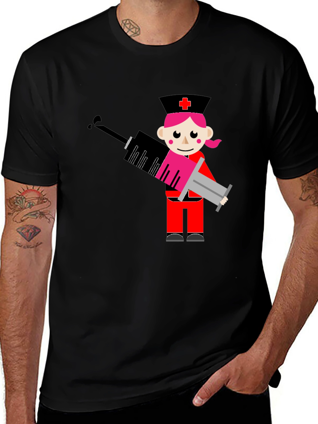 Variant 3 of Cartoon Nurse Syringe Graphic T-Shirt - Black Cotton Tee