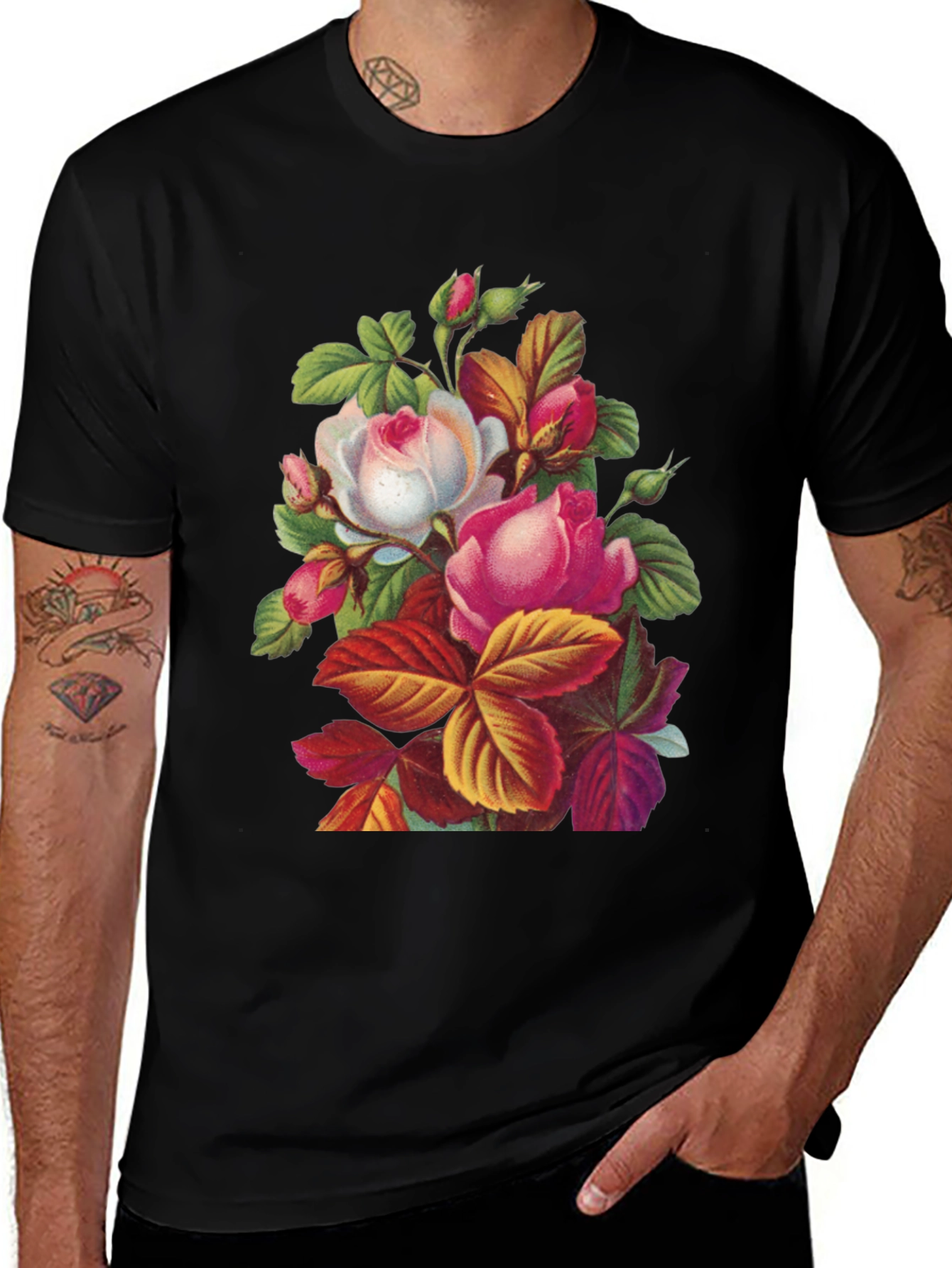 Variant 28 of Floral Roses Graphic Print Black T-Shirt