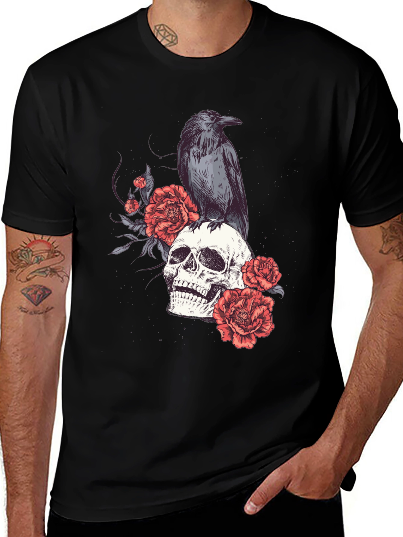 Variant 15 of Skull & Raven Graphic Tee - Gothic Style