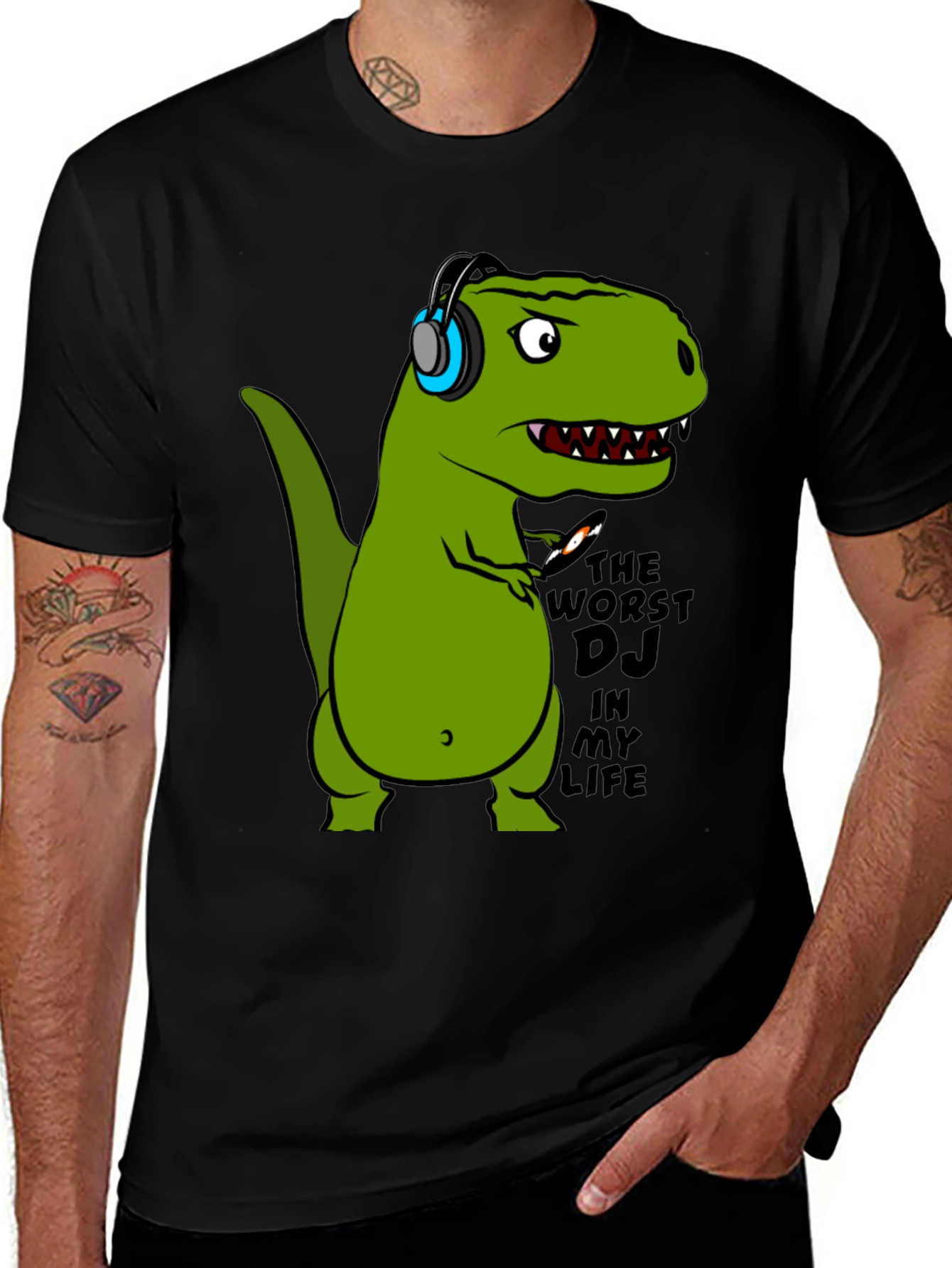 Variant 14 of Dino DJ T-Shirt - Black Cotton Graphic Tee