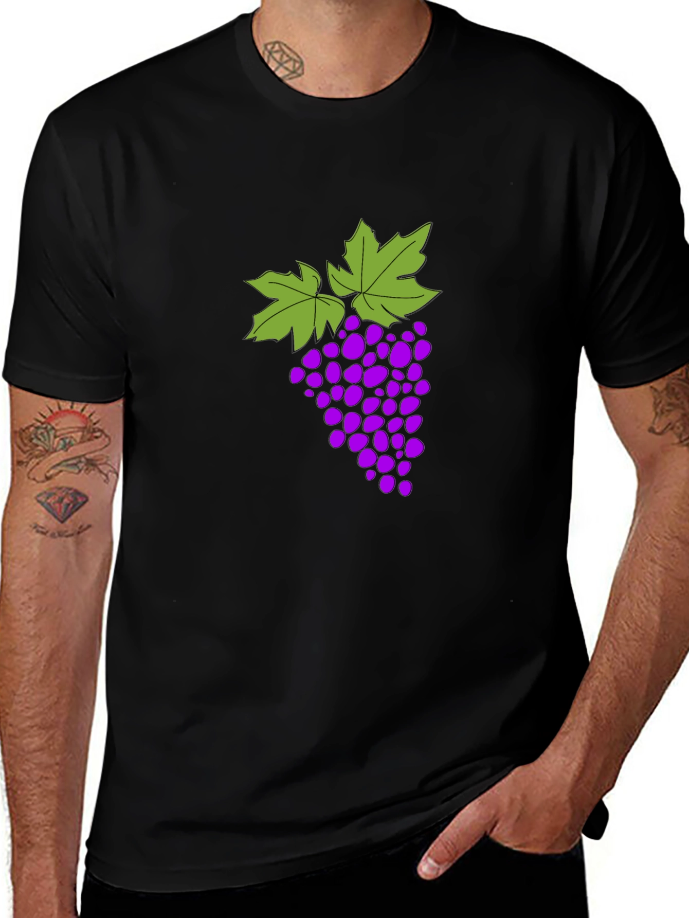 Variant 20 of Grape Design T-Shirt - Black Cotton Blend Casual Wear