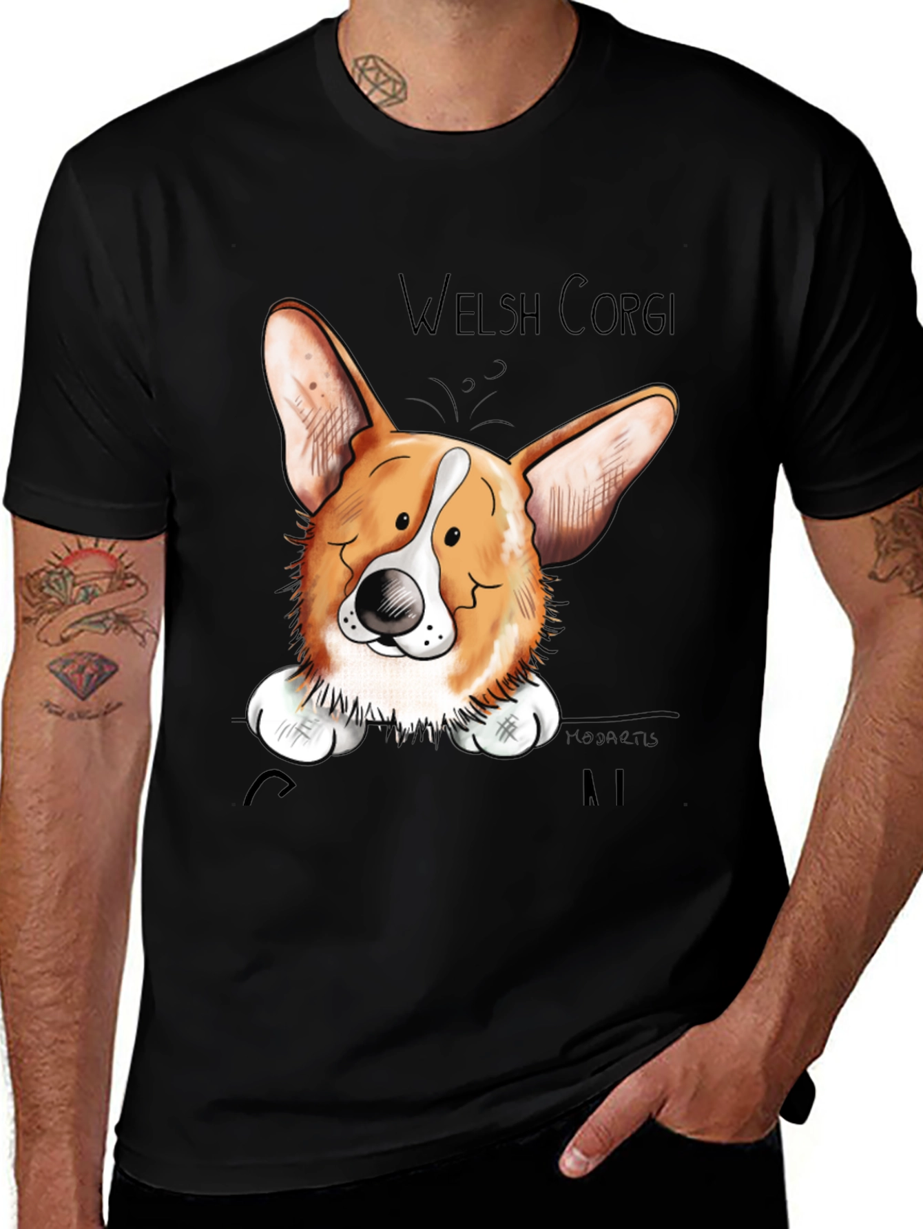 Welsh Corgi Cartoon Black T-Shirt