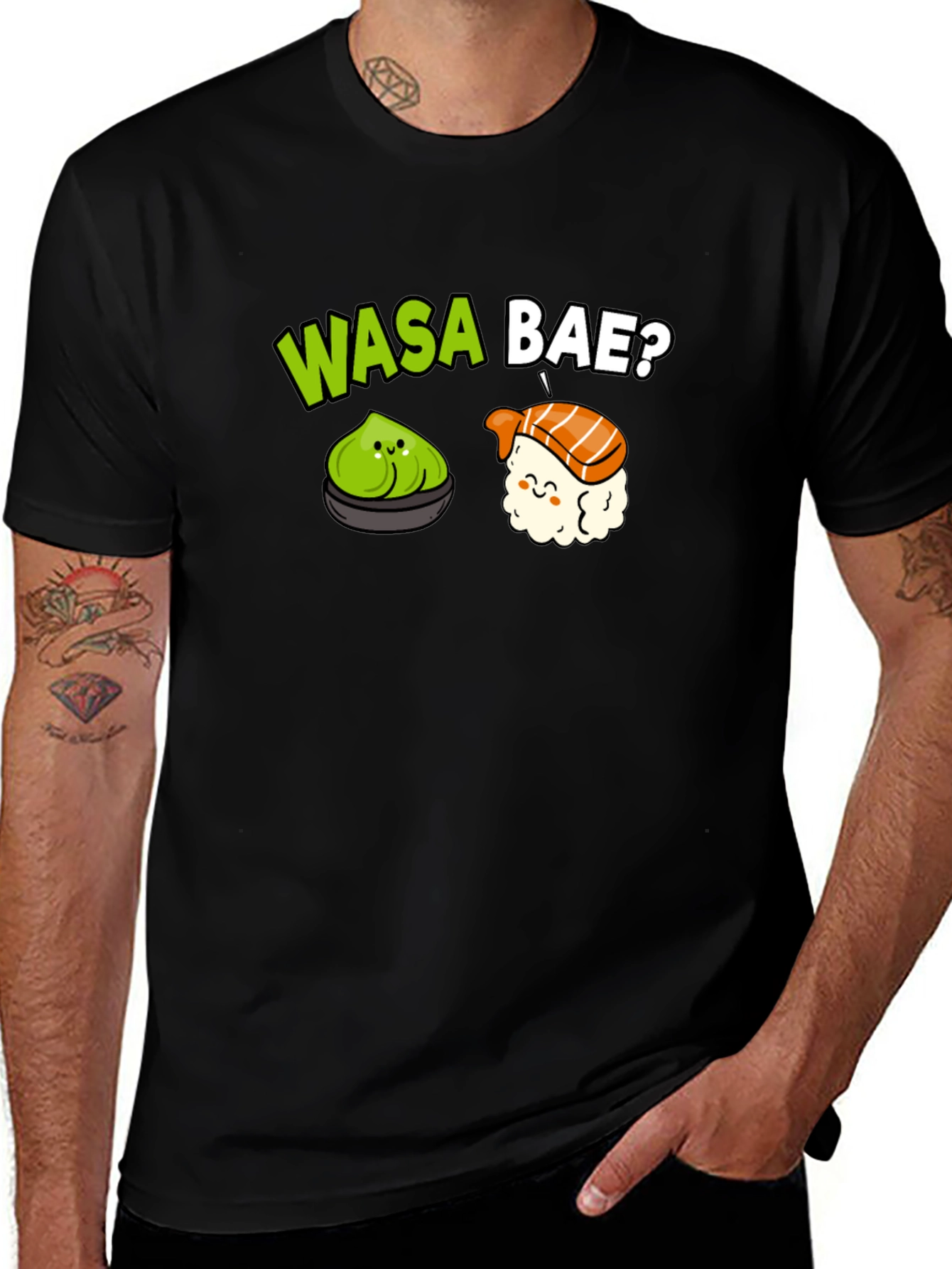 Wasa Bae? Sushi Pun T-Shirt - Black, Cotton